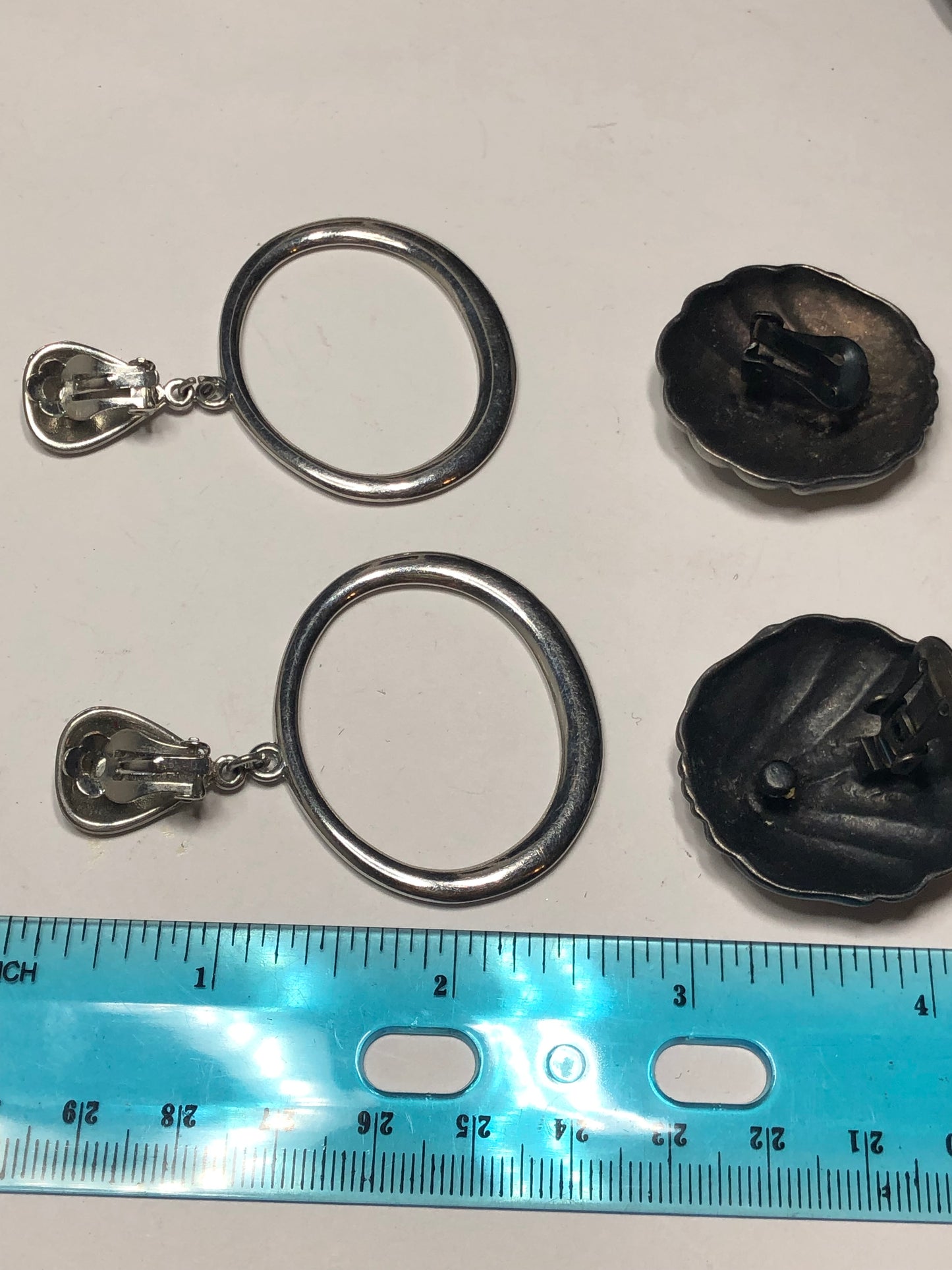 Vintage pewter large clip on Earrings lot shell and hoop