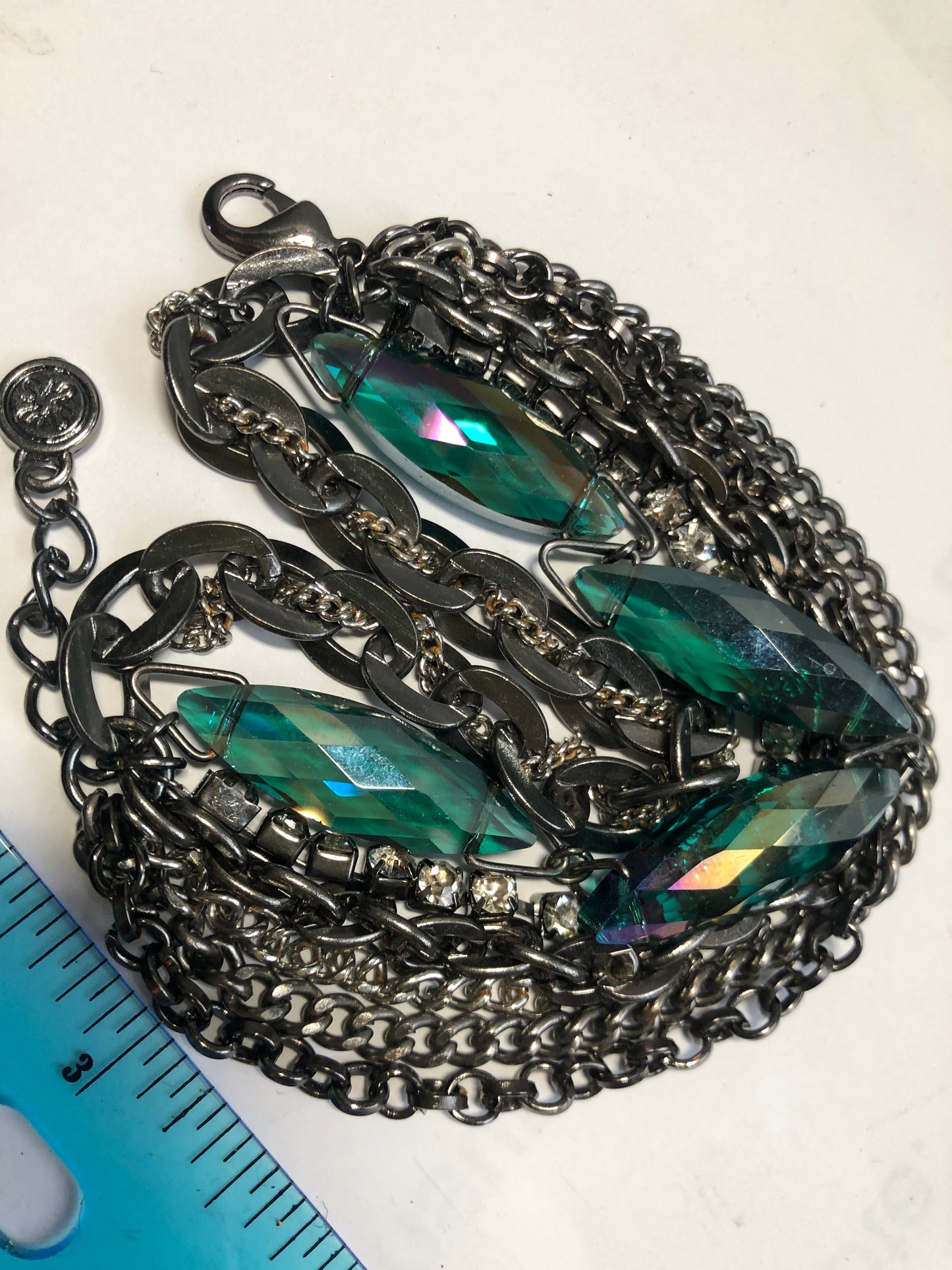 Modern AB Green Crystal glass multi strand chain bracelet black metal