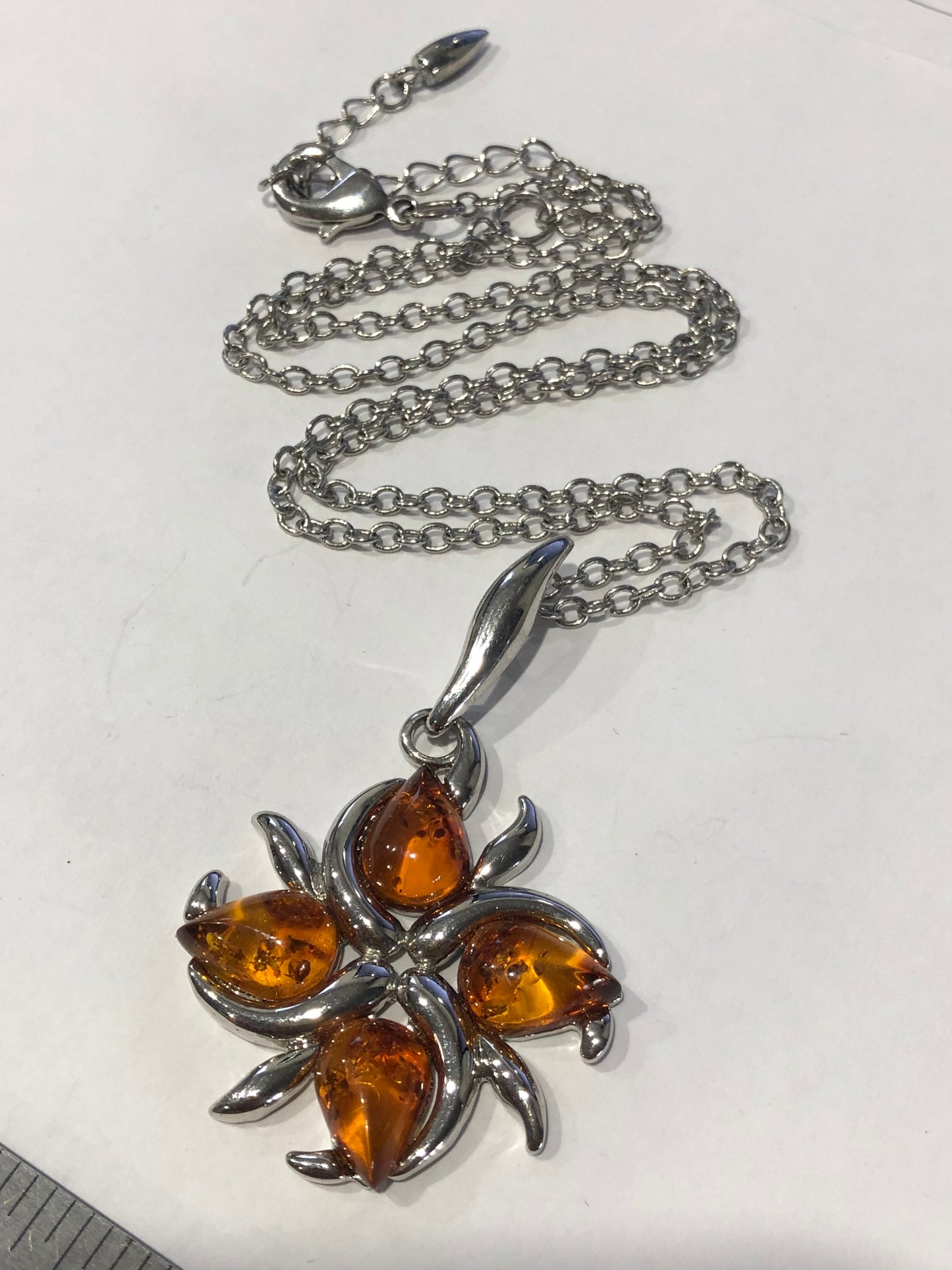 Amber flower pendant necklace silver tone