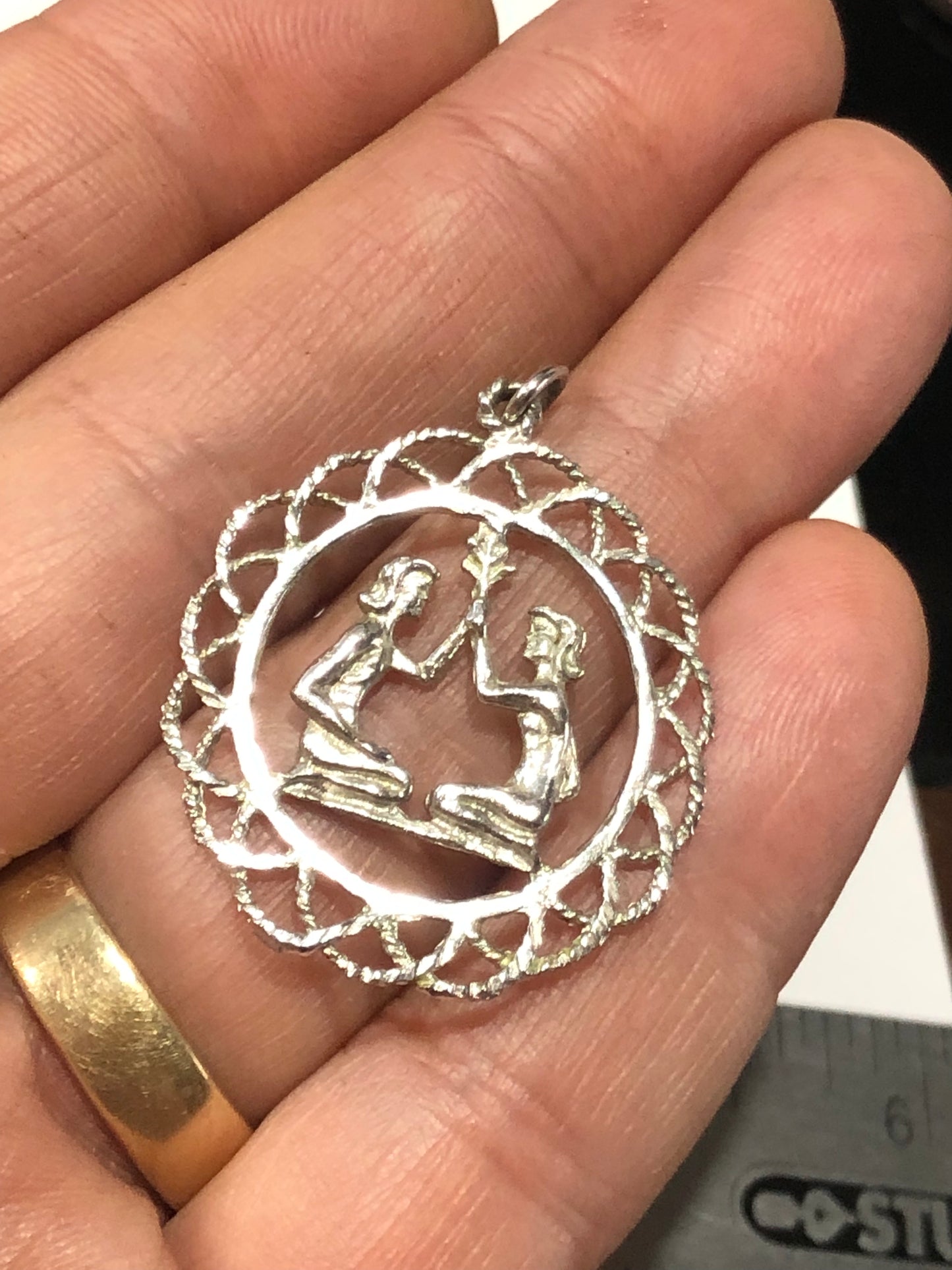 Sterling silver Zodiac Gemini women filigree pendant 1.2"