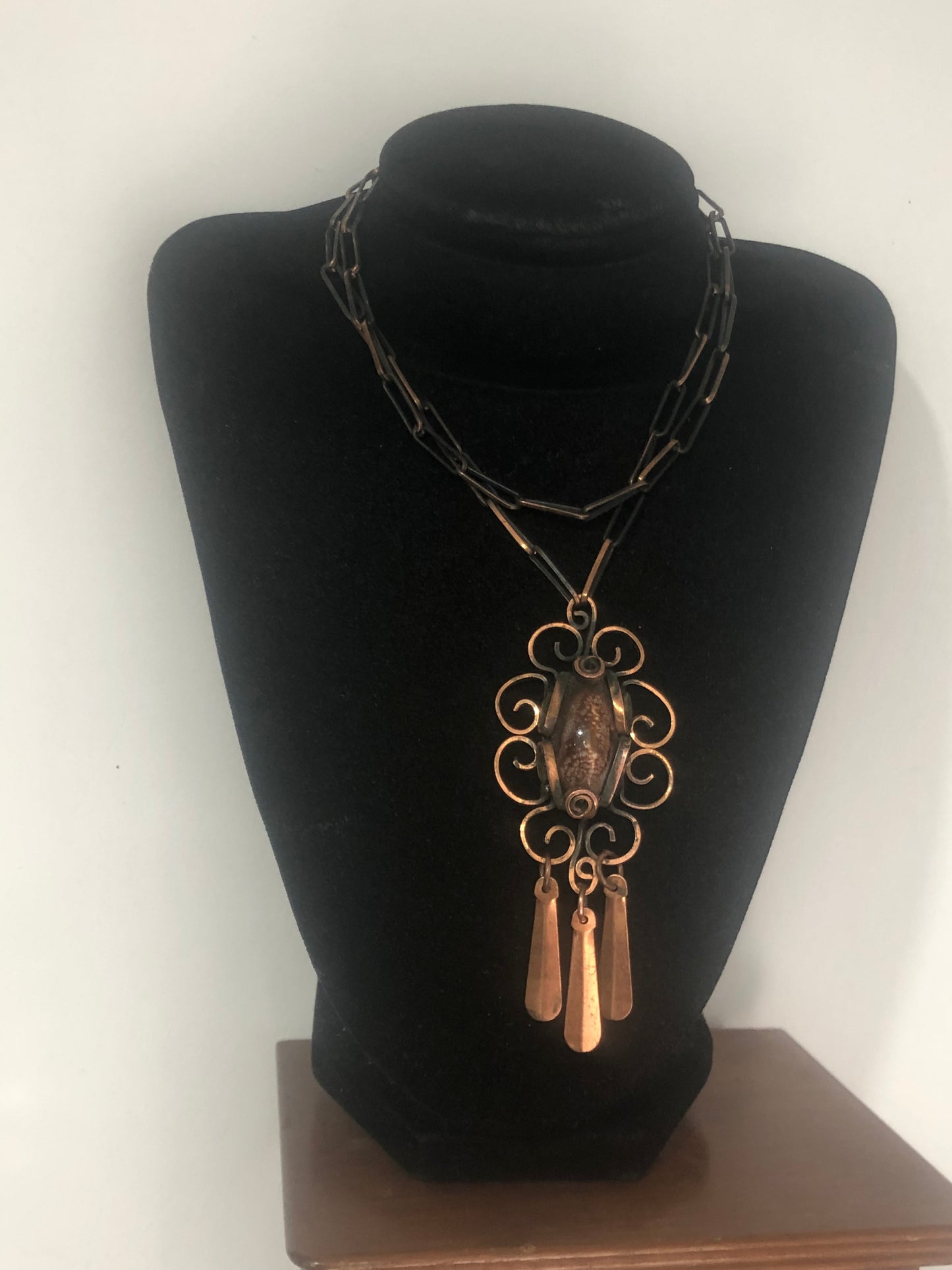 Vintage solid copper pendant necklace brown art glass