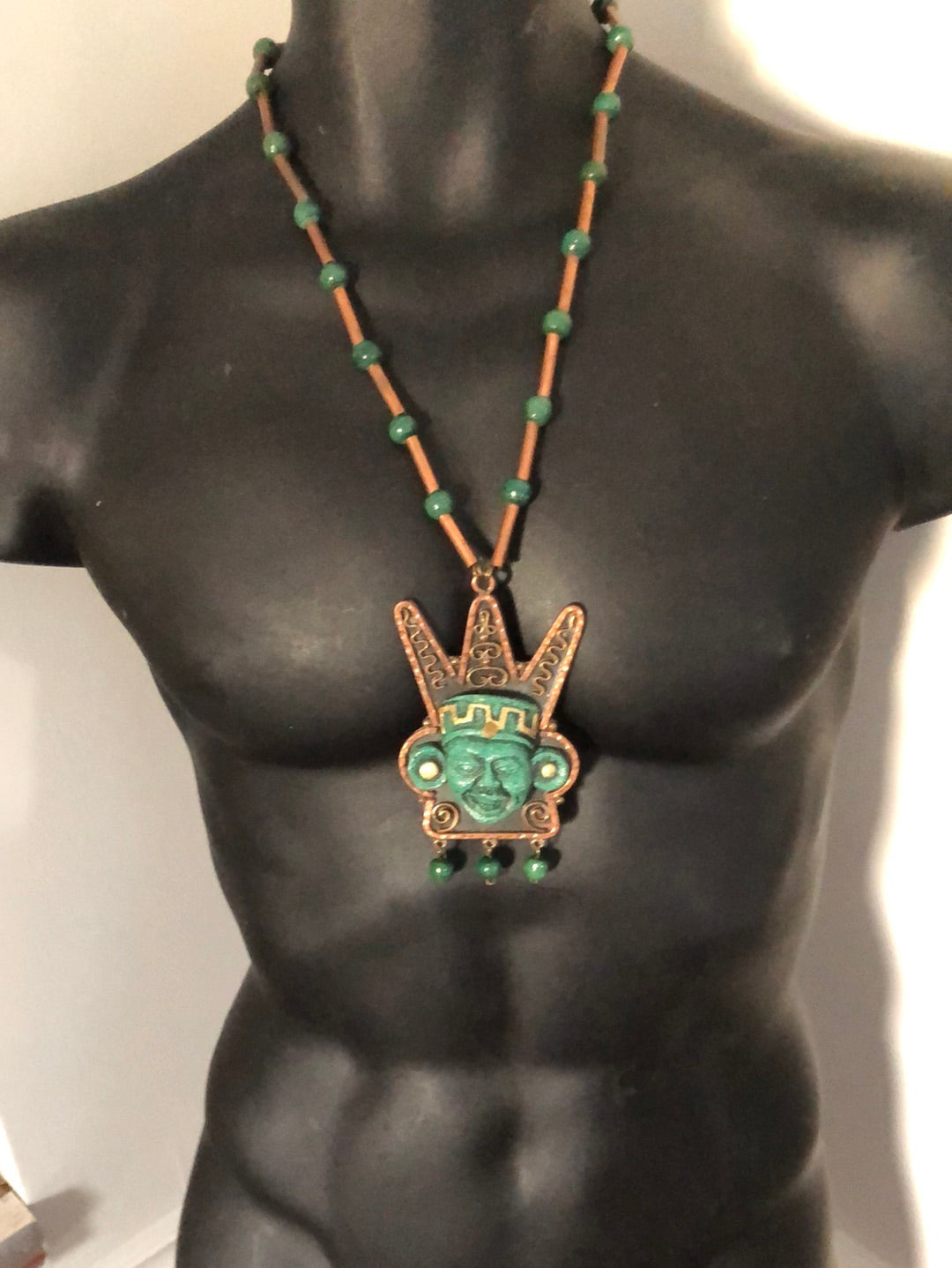 Vintage Mexico Copper Green Aztec Mask Face Necklace Large Pendant
