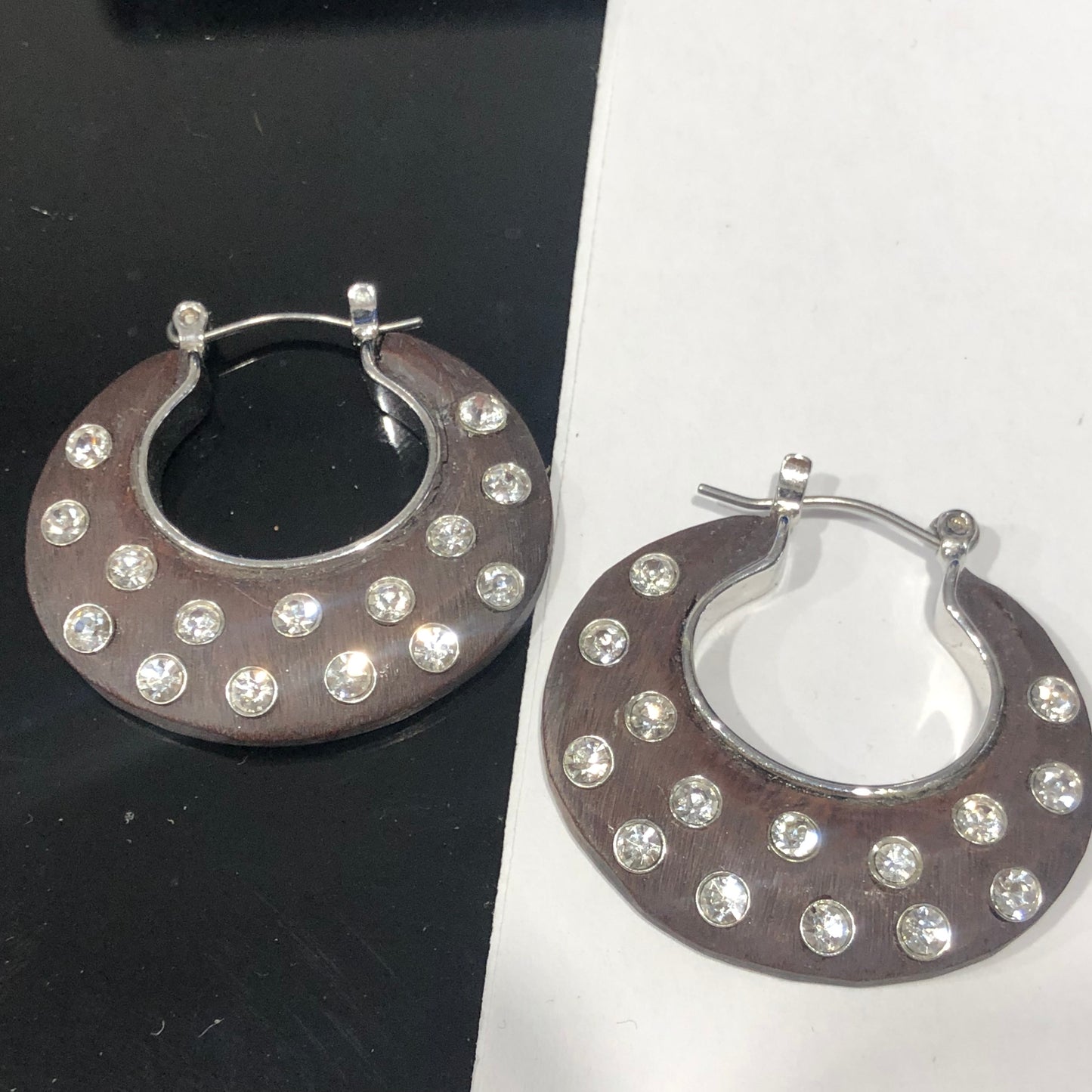 Modern clear glass rhinestone hoop wood Earrings