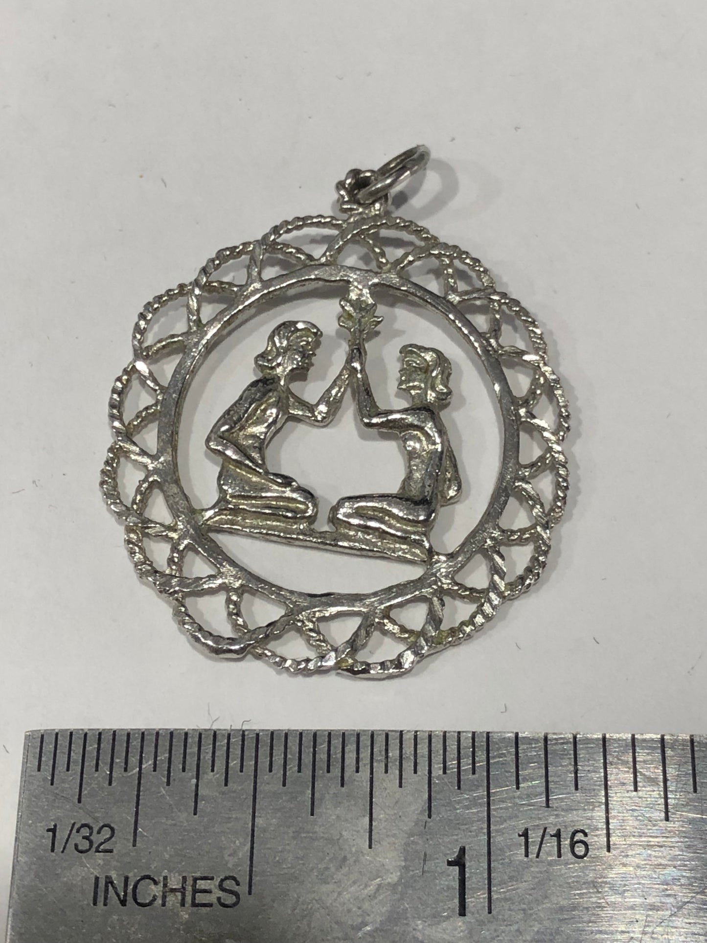 Sterling silver Zodiac Gemini women filigree pendant 1.2"