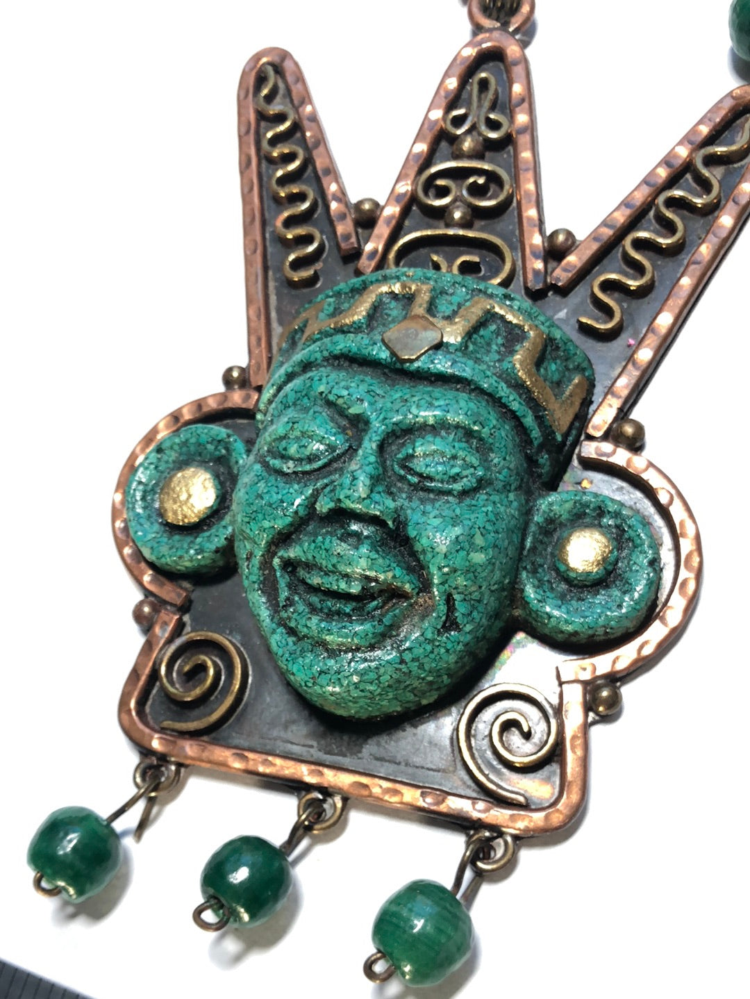 Vintage Mexico Copper Green Aztec Mask Face Necklace Large Pendant