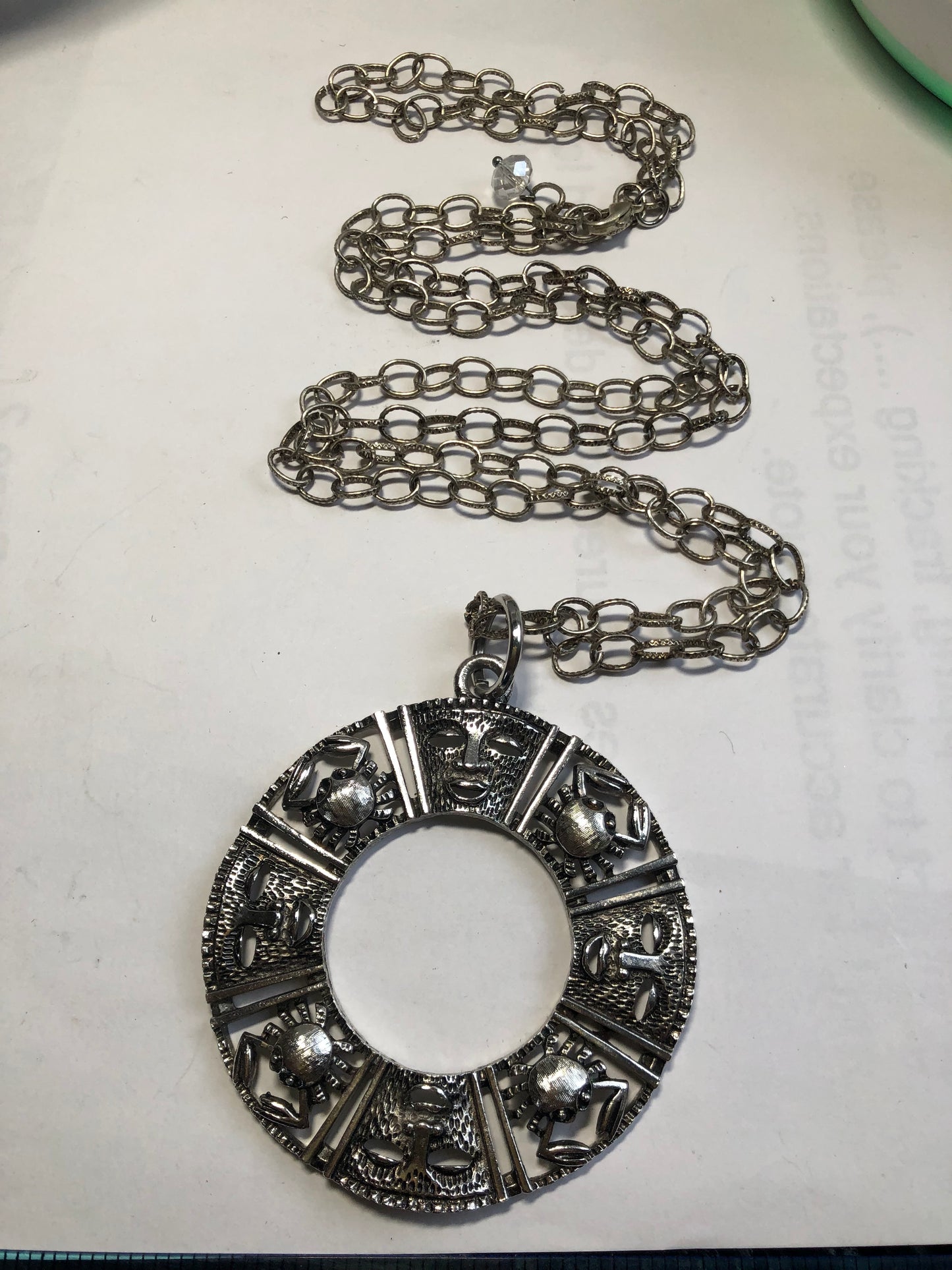 VTG Sarah Coventry Canada Maya or aztec Masks crab round pendant necklace