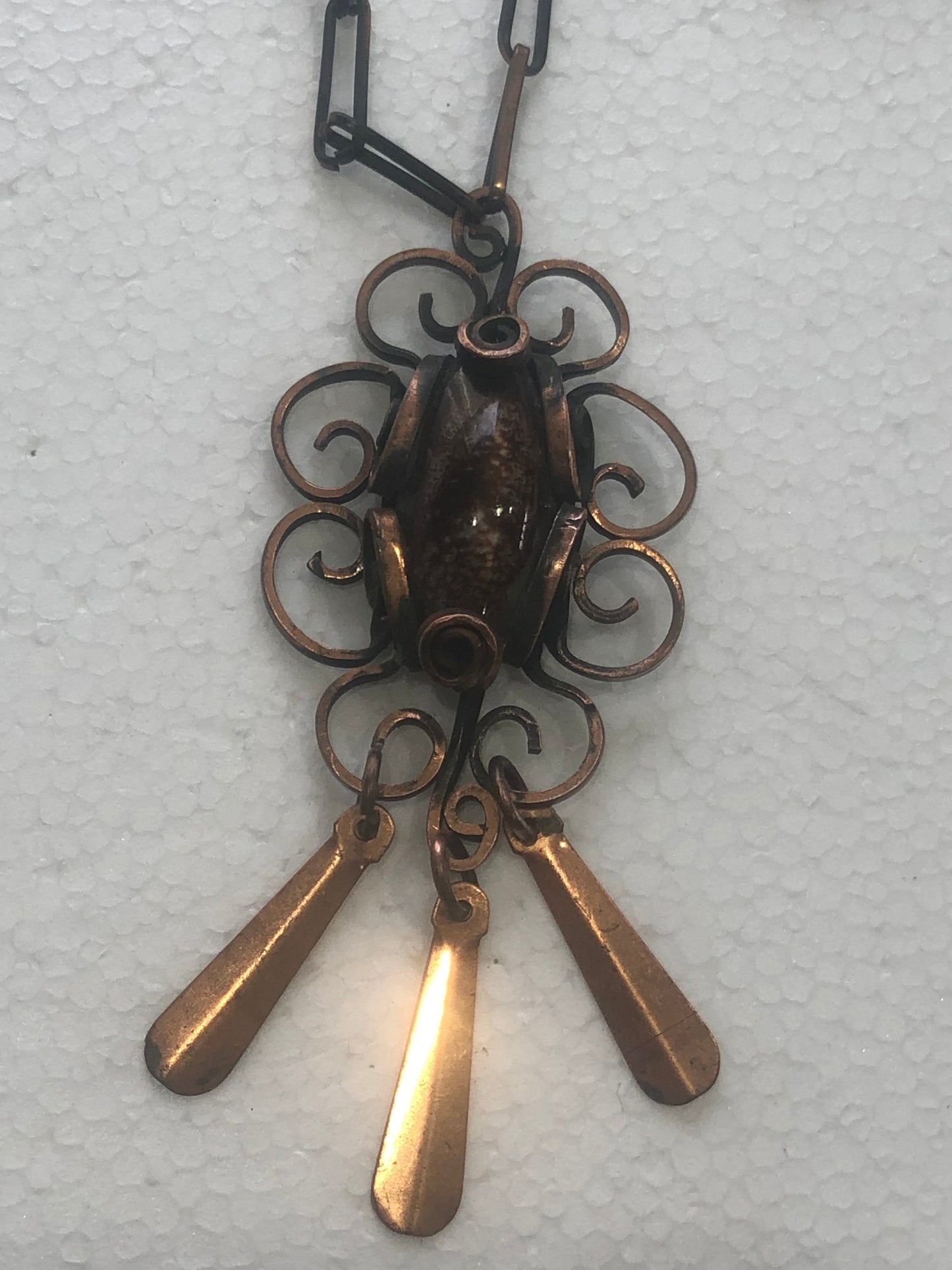 Vintage solid copper pendant necklace brown art glass