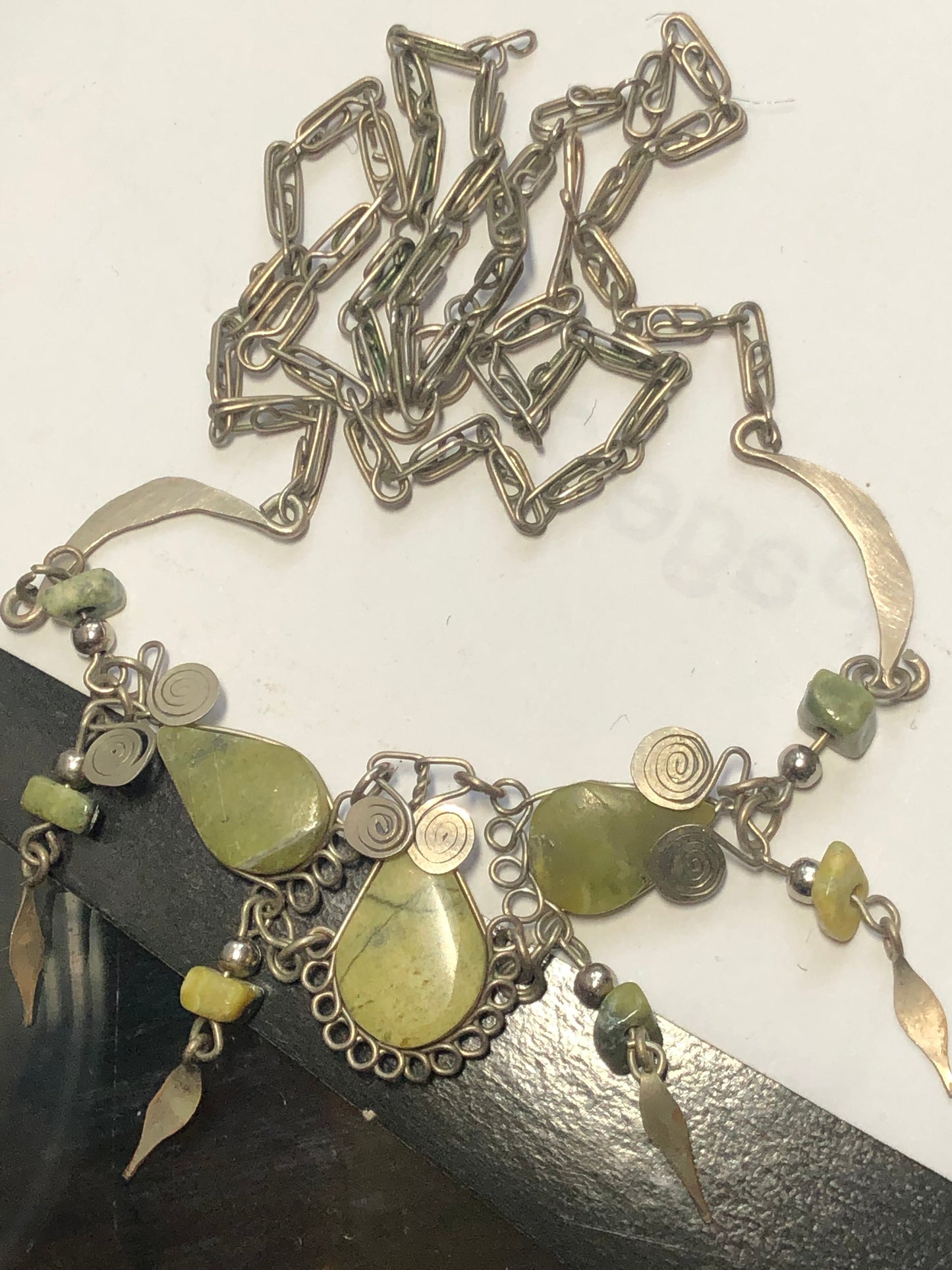 Handmade necklace earrings set green stone silver tone wire