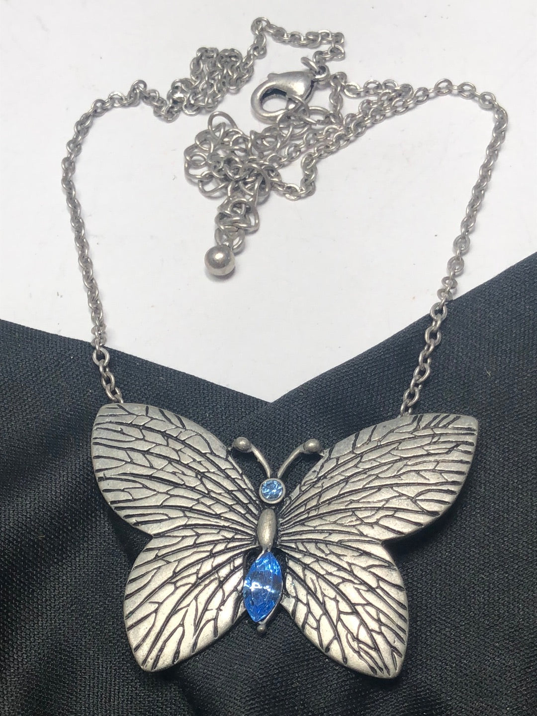 Butterfly pendant necklace blue glass rhinestone pewter tone