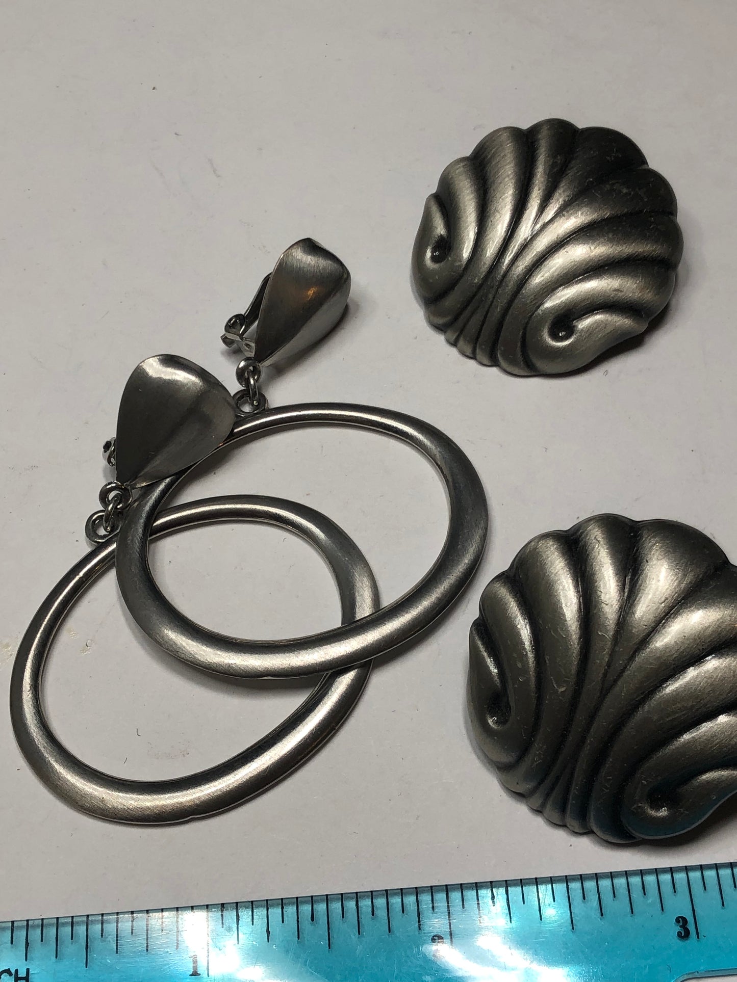 Vintage pewter large clip on Earrings lot shell and hoop