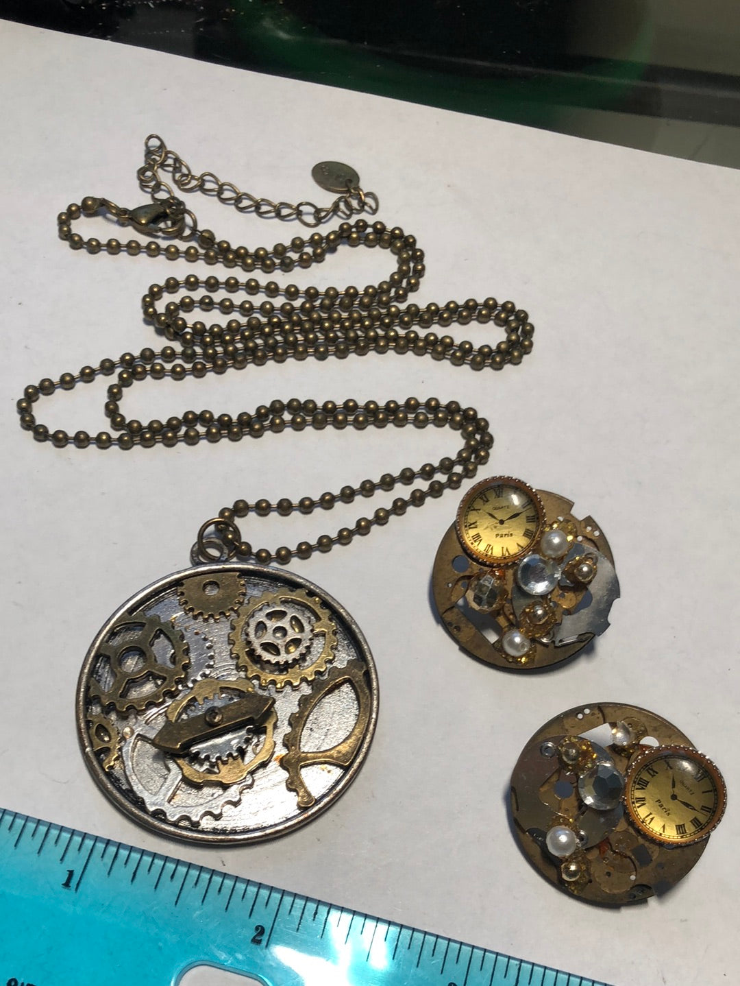 Handmade Clockwork Steampunk pendant necklace earrings set bronze tone