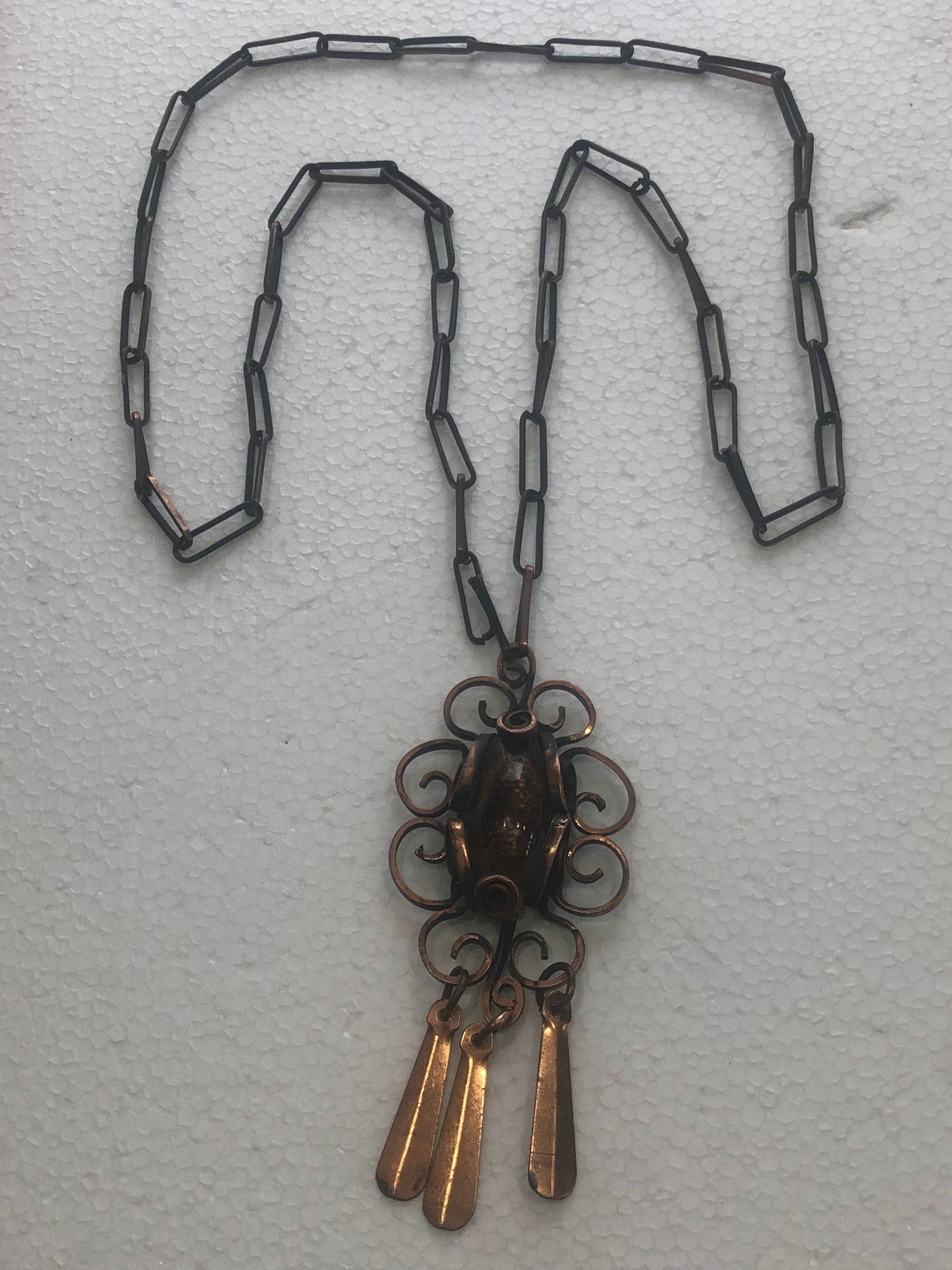 Vintage solid copper pendant necklace brown art glass