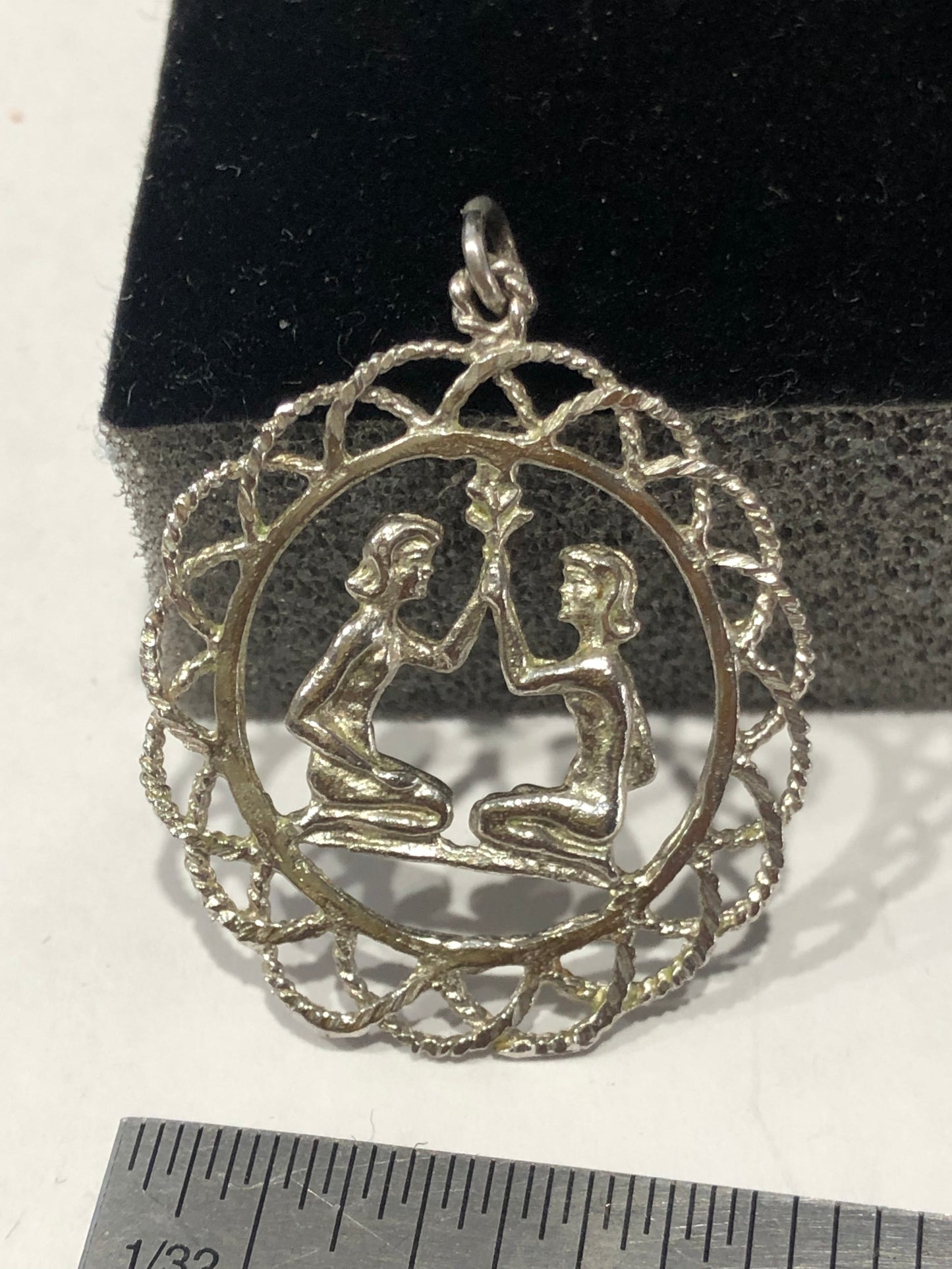 Sterling silver Zodiac Gemini women filigree pendant 1.2"