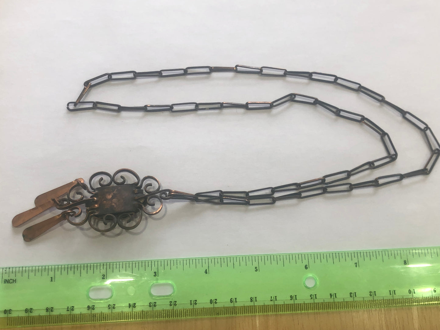 Vintage solid copper pendant necklace brown art glass