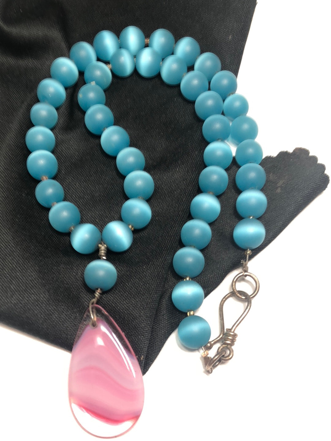 Blue cat eye bead pink Art glass pendant necklace sterling silver