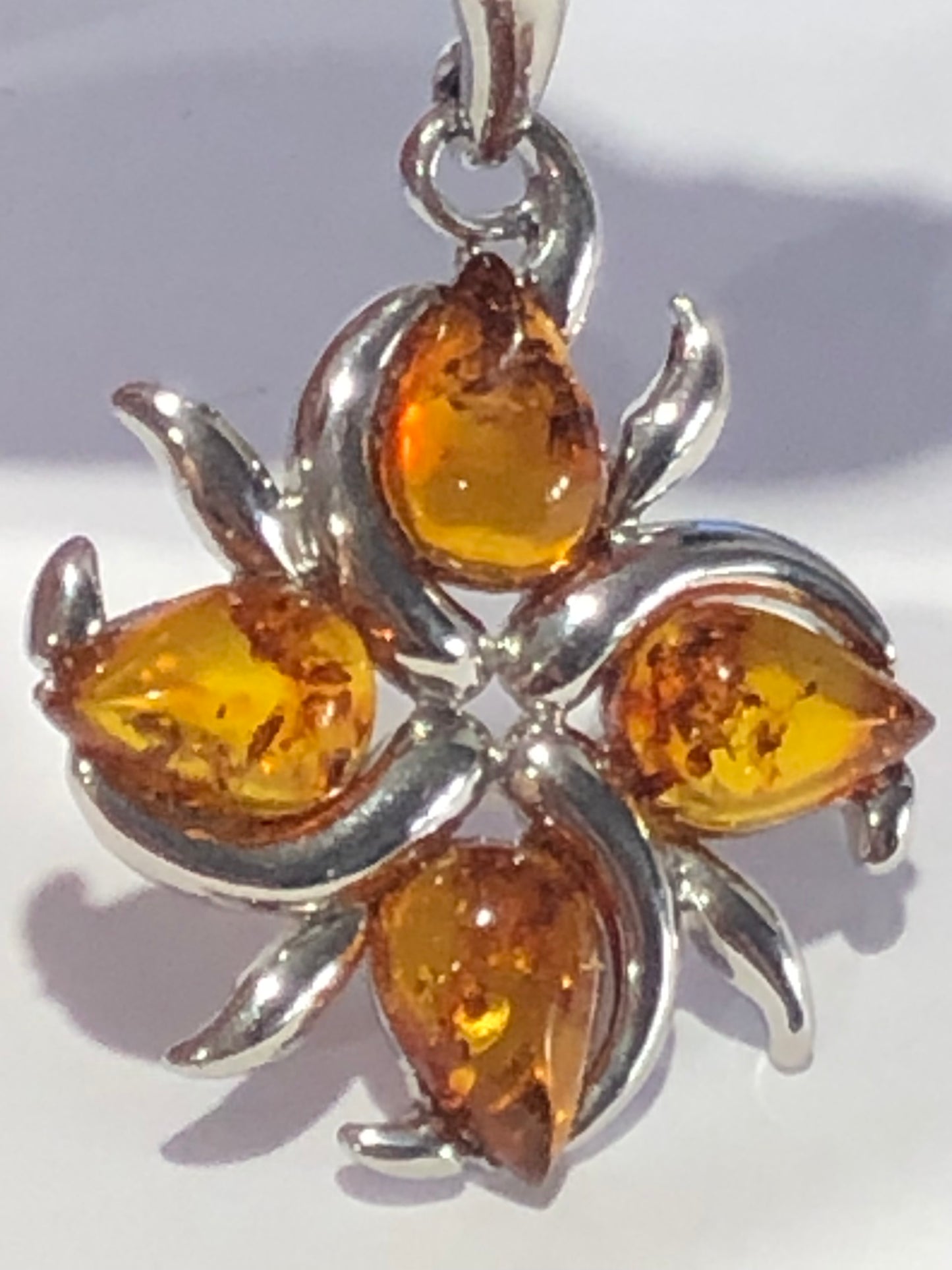 Amber flower pendant necklace silver tone
