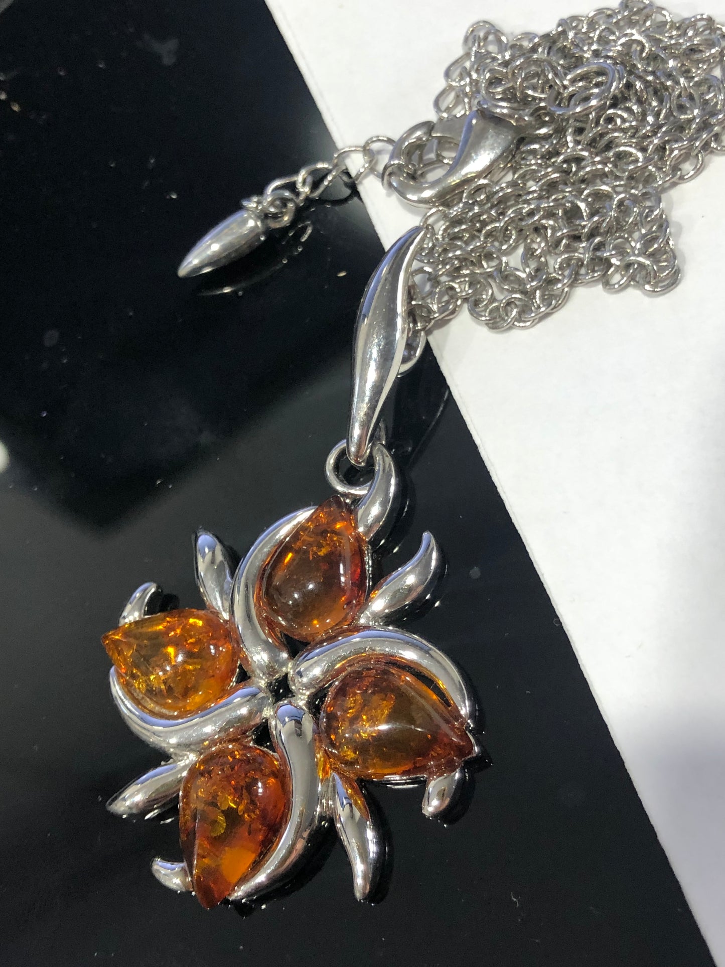 Amber flower pendant necklace silver tone