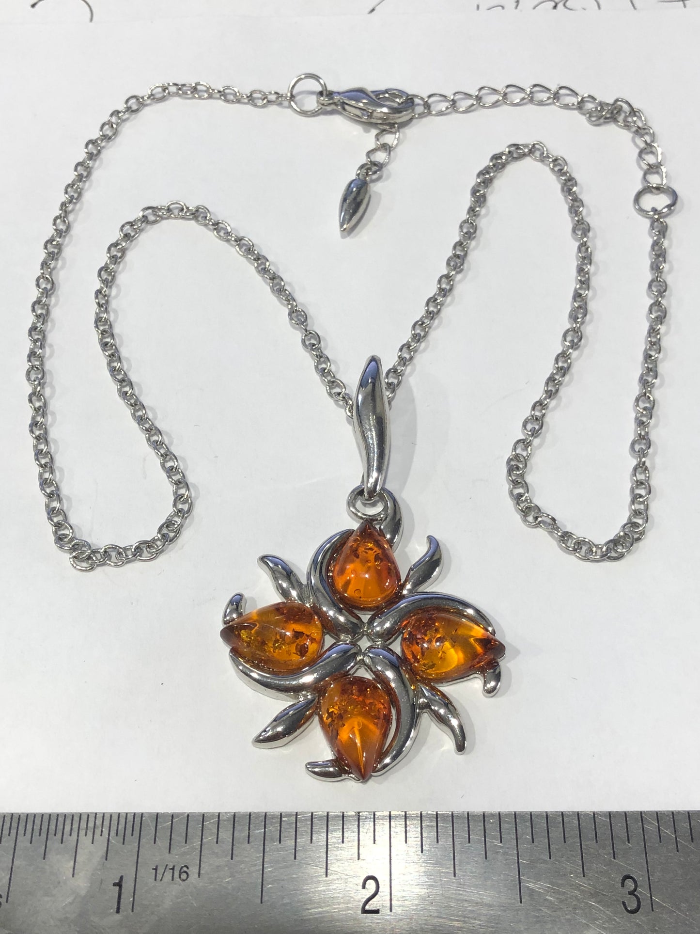 Amber flower pendant necklace silver tone