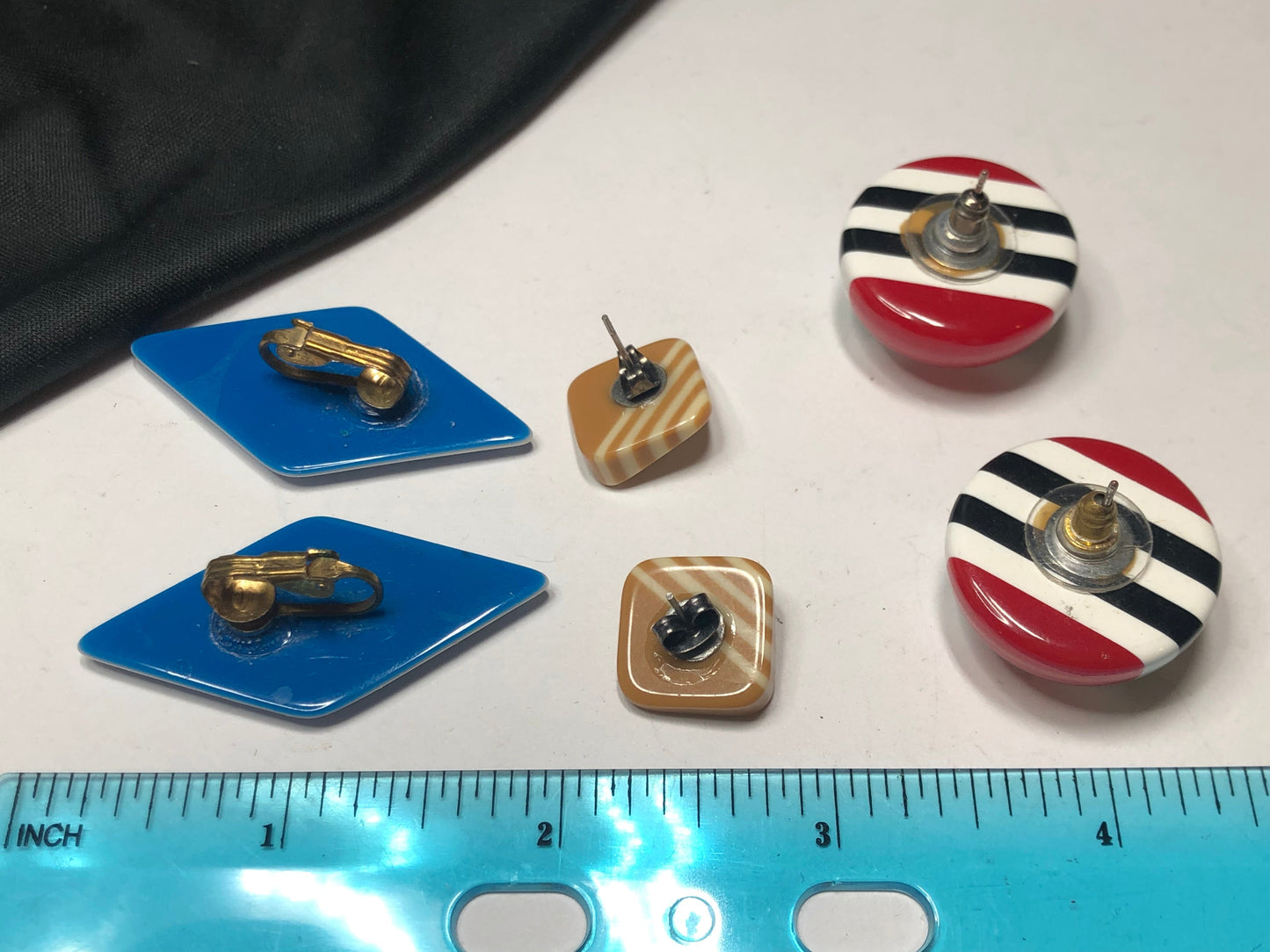 Vintage striped plastic Earrings lot red beige stud, clip blue