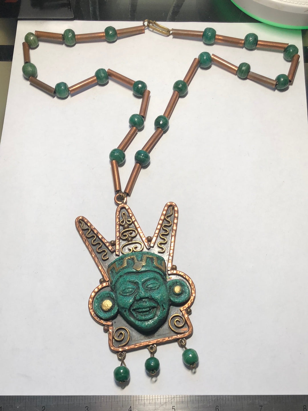 Vintage Mexico Copper Green Aztec Mask Face Necklace Large Pendant