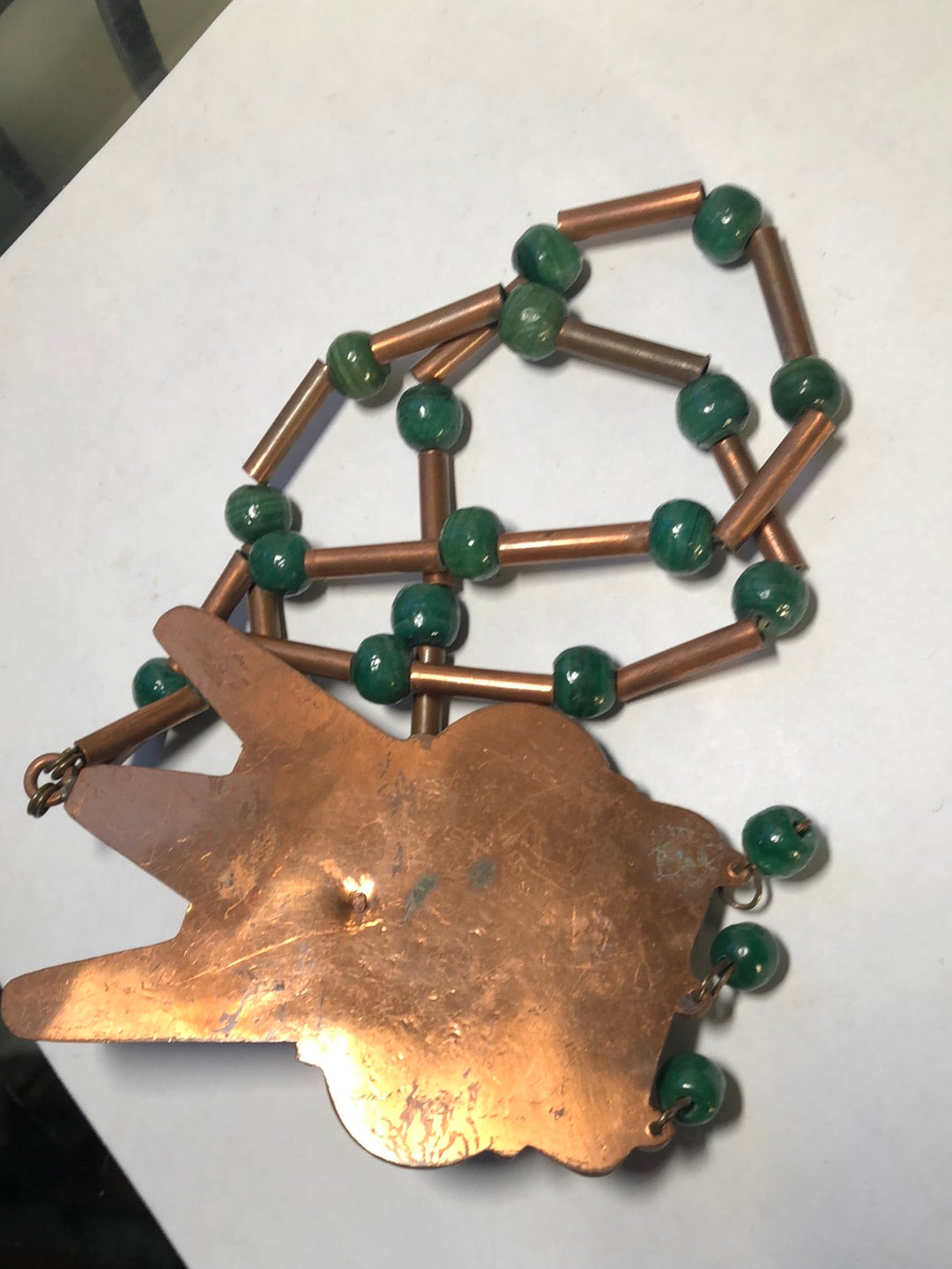 Vintage Mexico Copper Green Aztec Mask Face Necklace Large Pendant