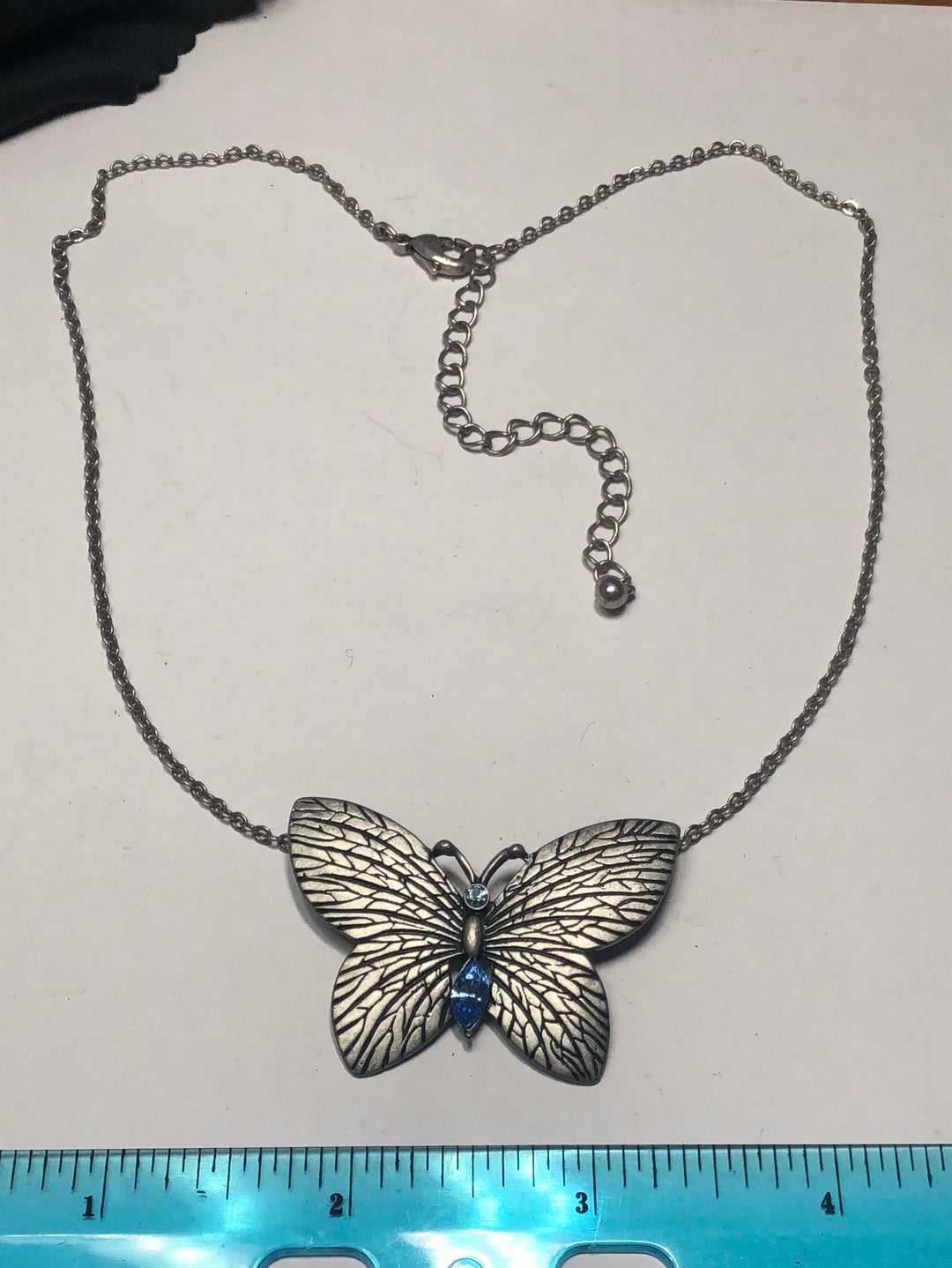Butterfly pendant necklace blue glass rhinestone pewter tone
