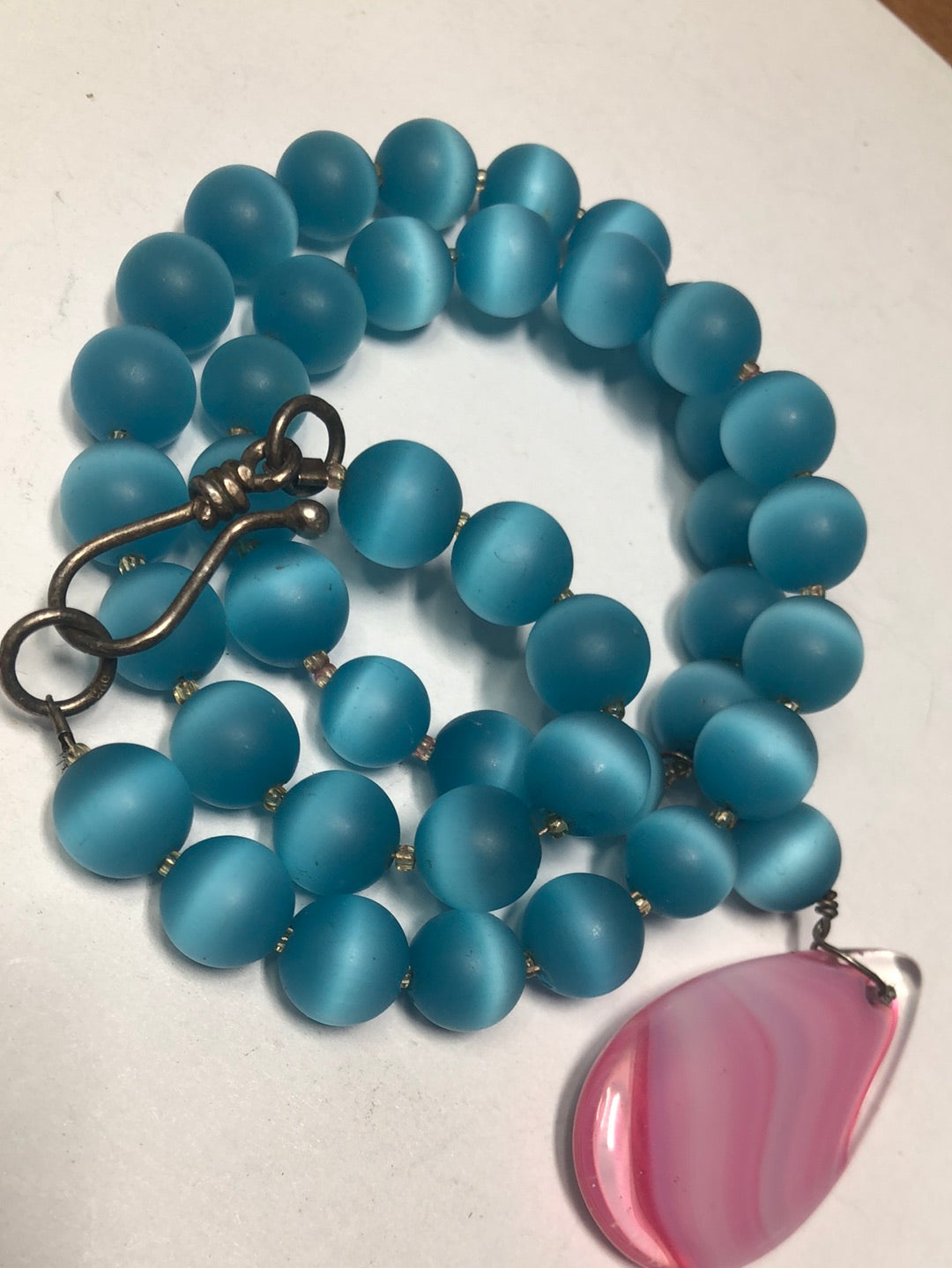 Blue cat eye bead pink Art glass pendant necklace sterling silver