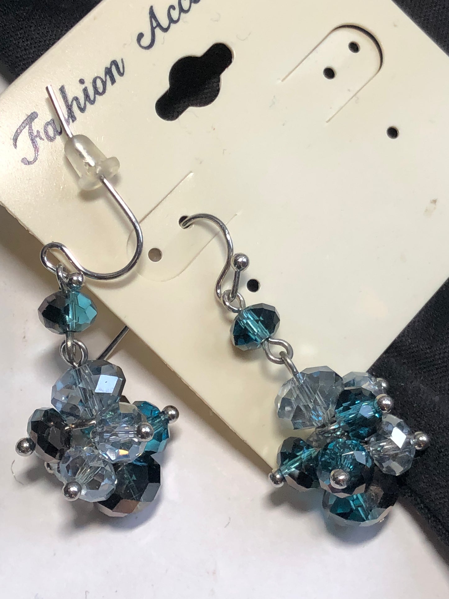 Modern cluster blue faceted Crystal dangling earrings silver tone