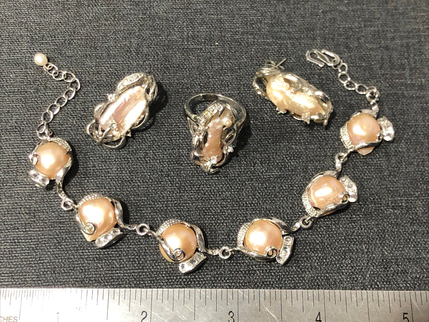 Freshwater baroque pearl bracelet earrings ring set silver tone