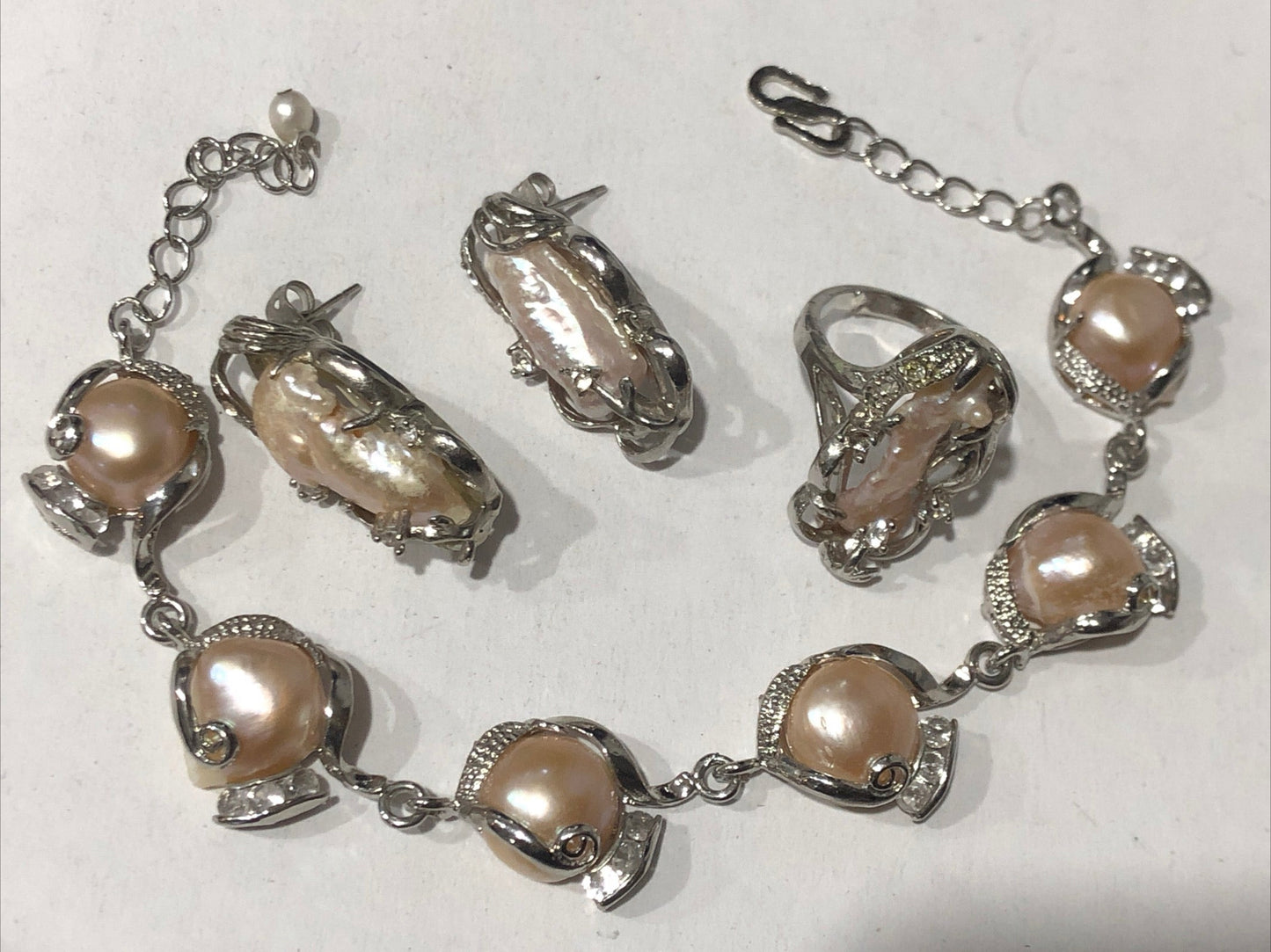 Freshwater baroque pearl bracelet earrings ring set silver tone