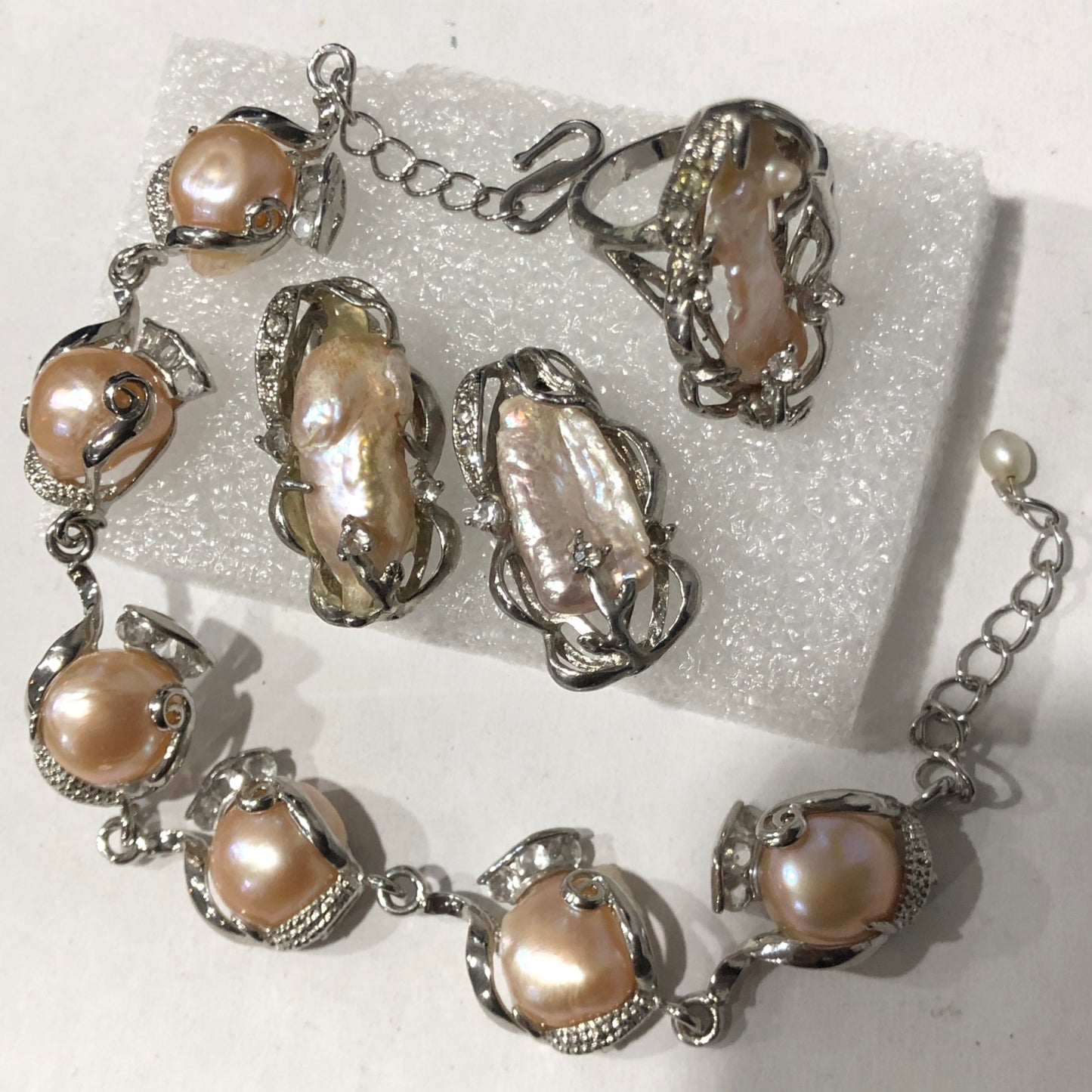 Freshwater baroque pearl bracelet earrings ring set silver tone