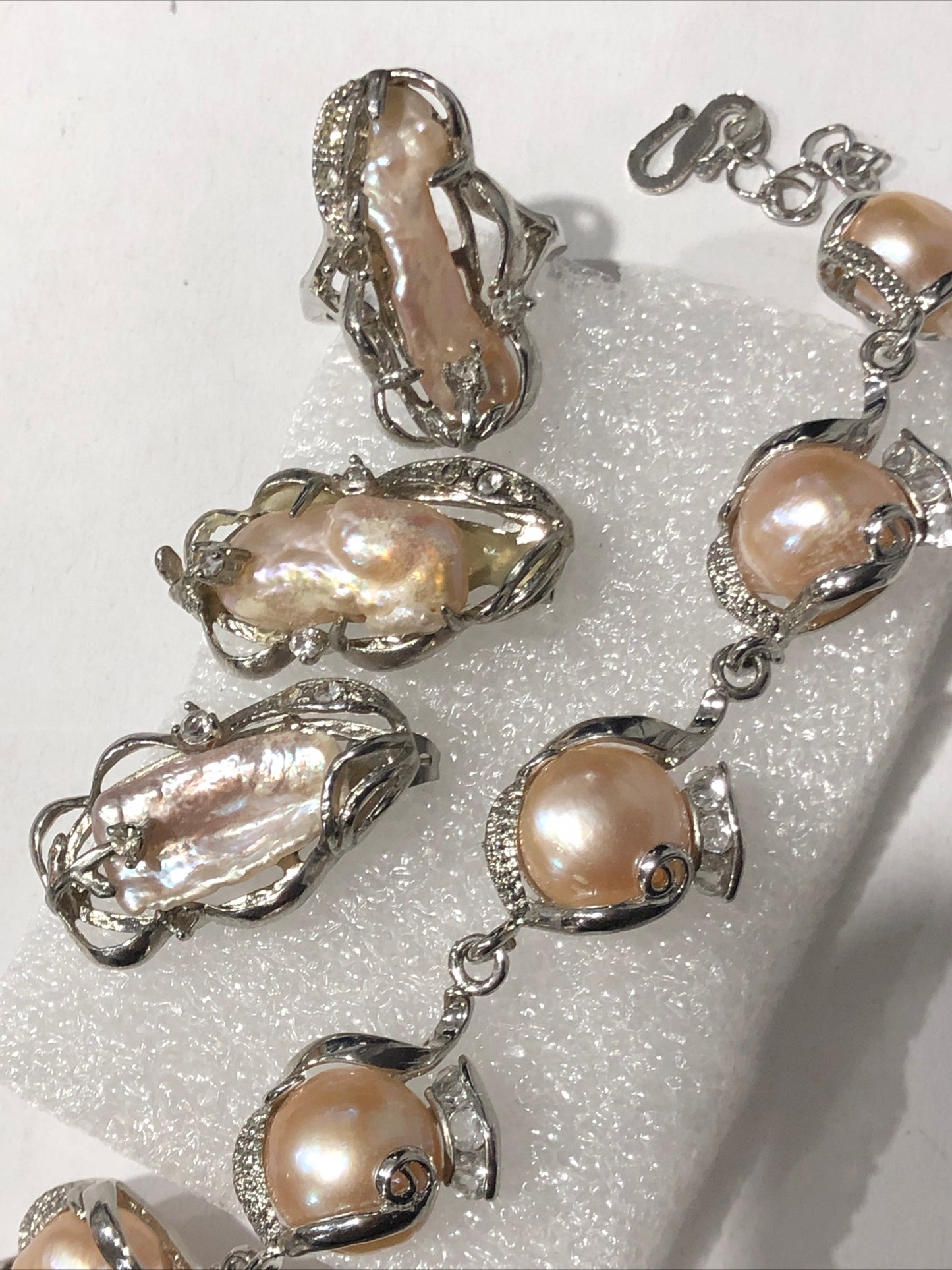 Freshwater baroque pearl bracelet earrings ring set silver tone