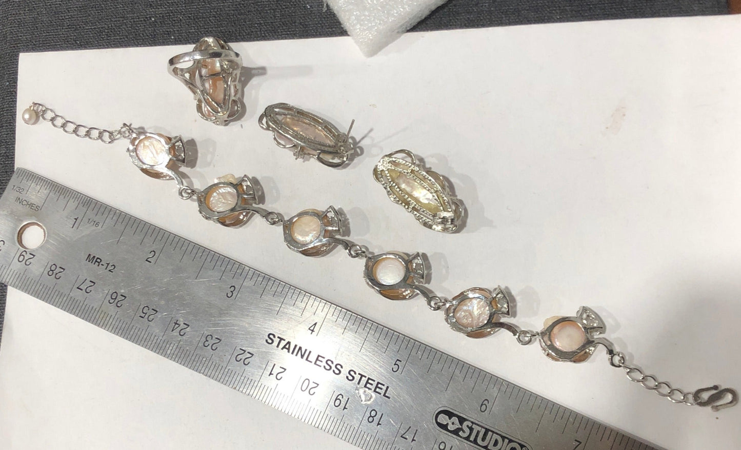 Freshwater baroque pearl bracelet earrings ring set silver tone