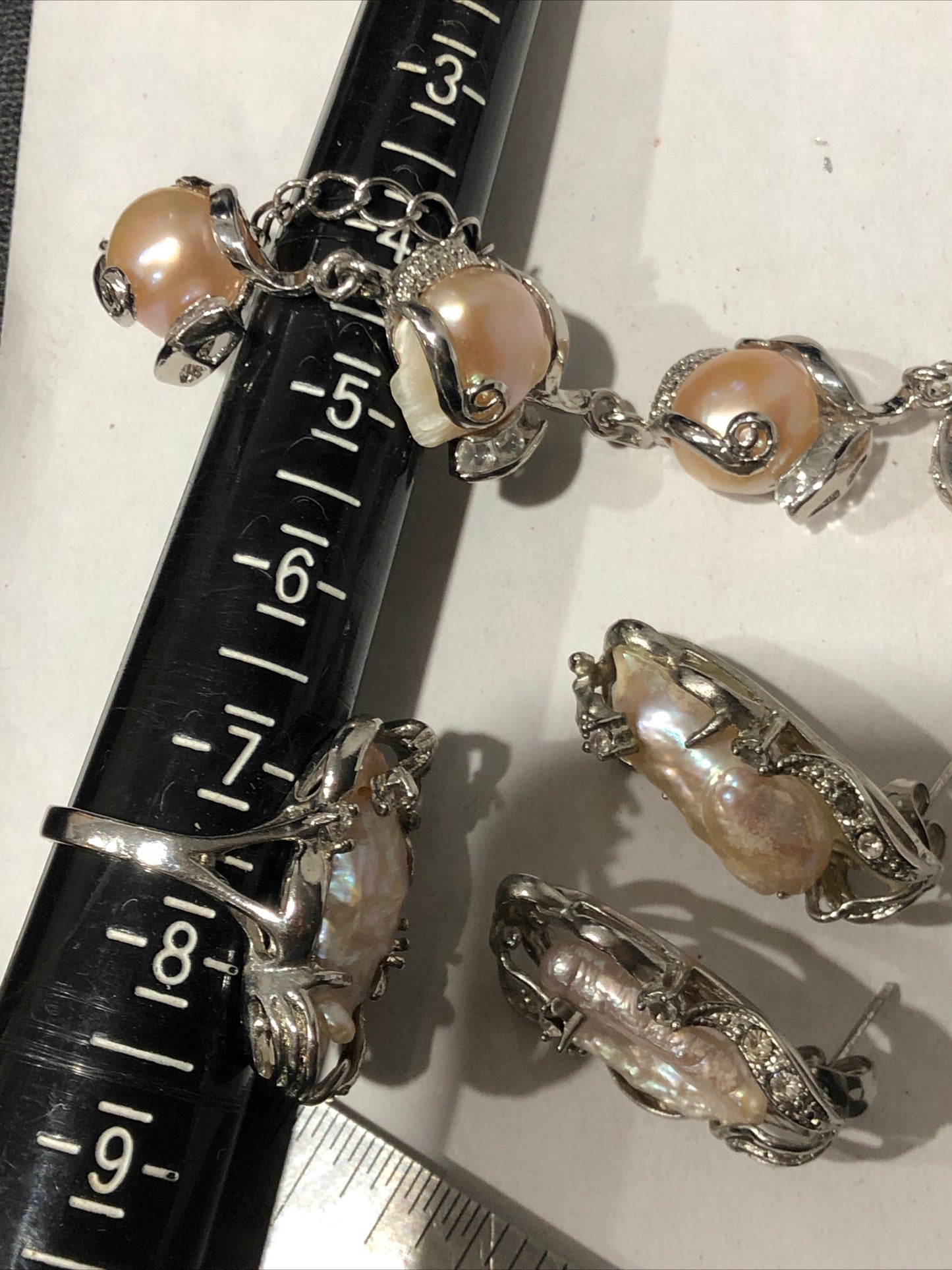 Freshwater baroque pearl bracelet earrings ring set silver tone