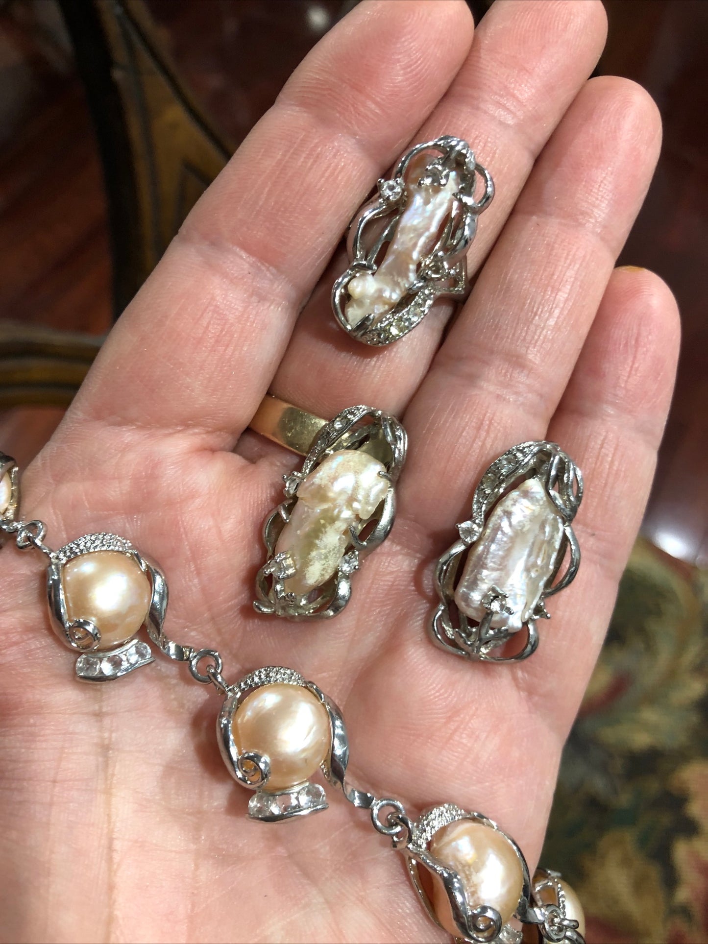 Freshwater baroque pearl bracelet earrings ring set silver tone