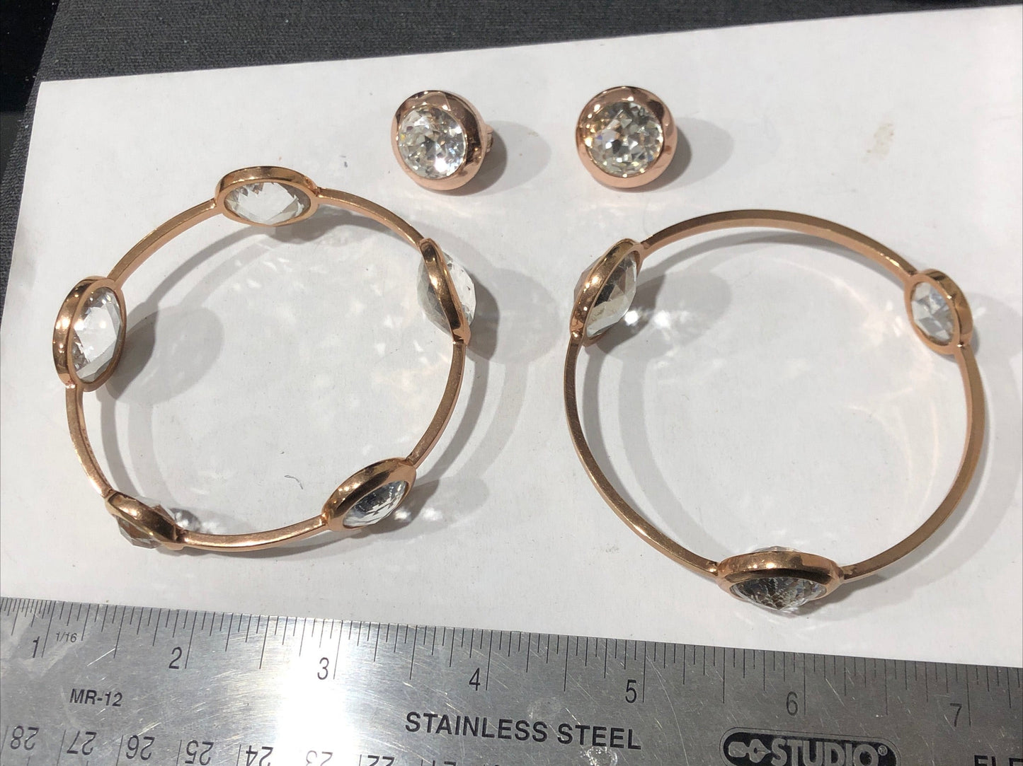 Henri Bendel rose gold bracelet set of 2 + clip earrings clear crystal rhinestone