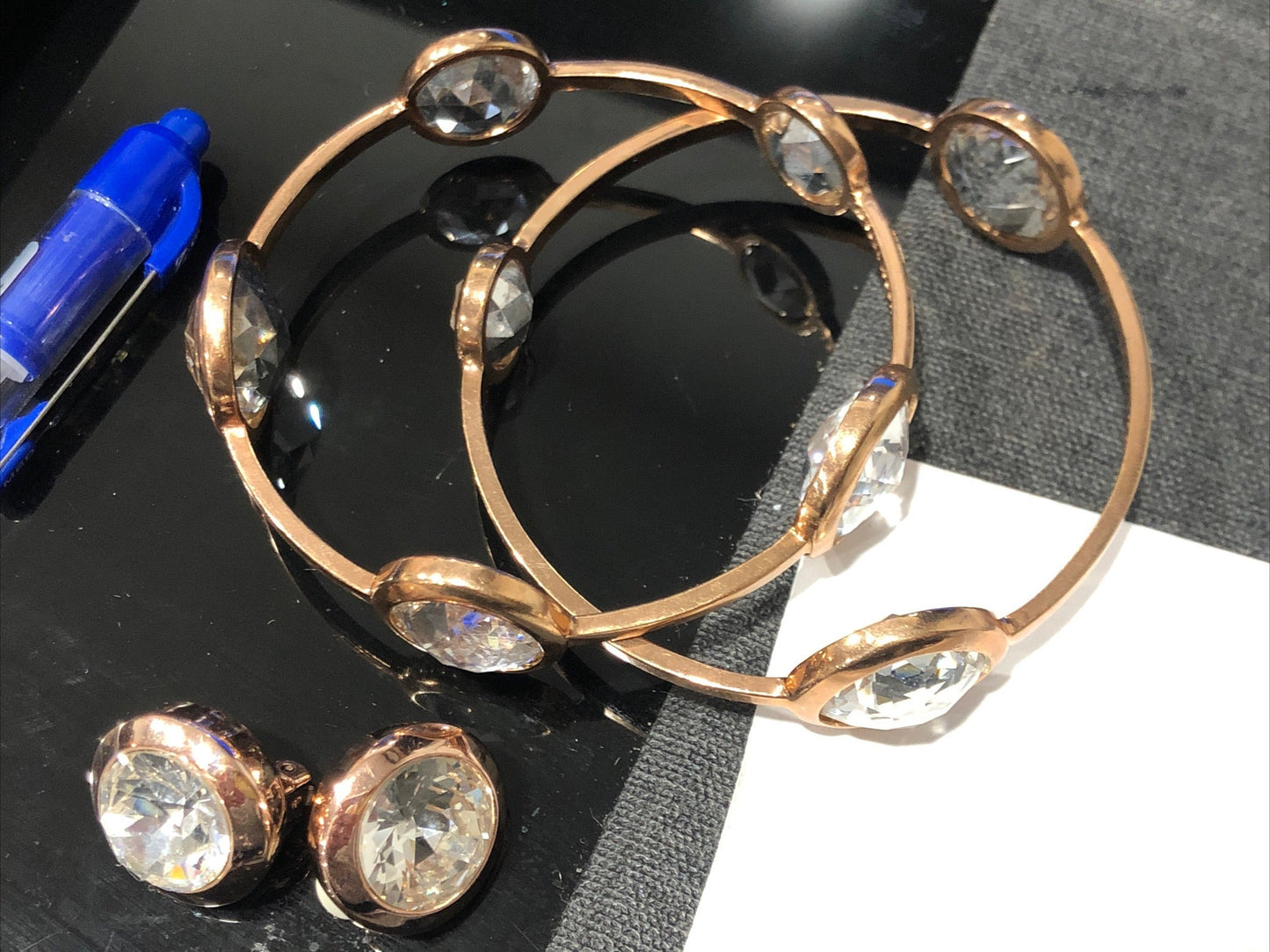 Henri Bendel rose gold bracelet set of 2 + clip earrings clear crystal rhinestone