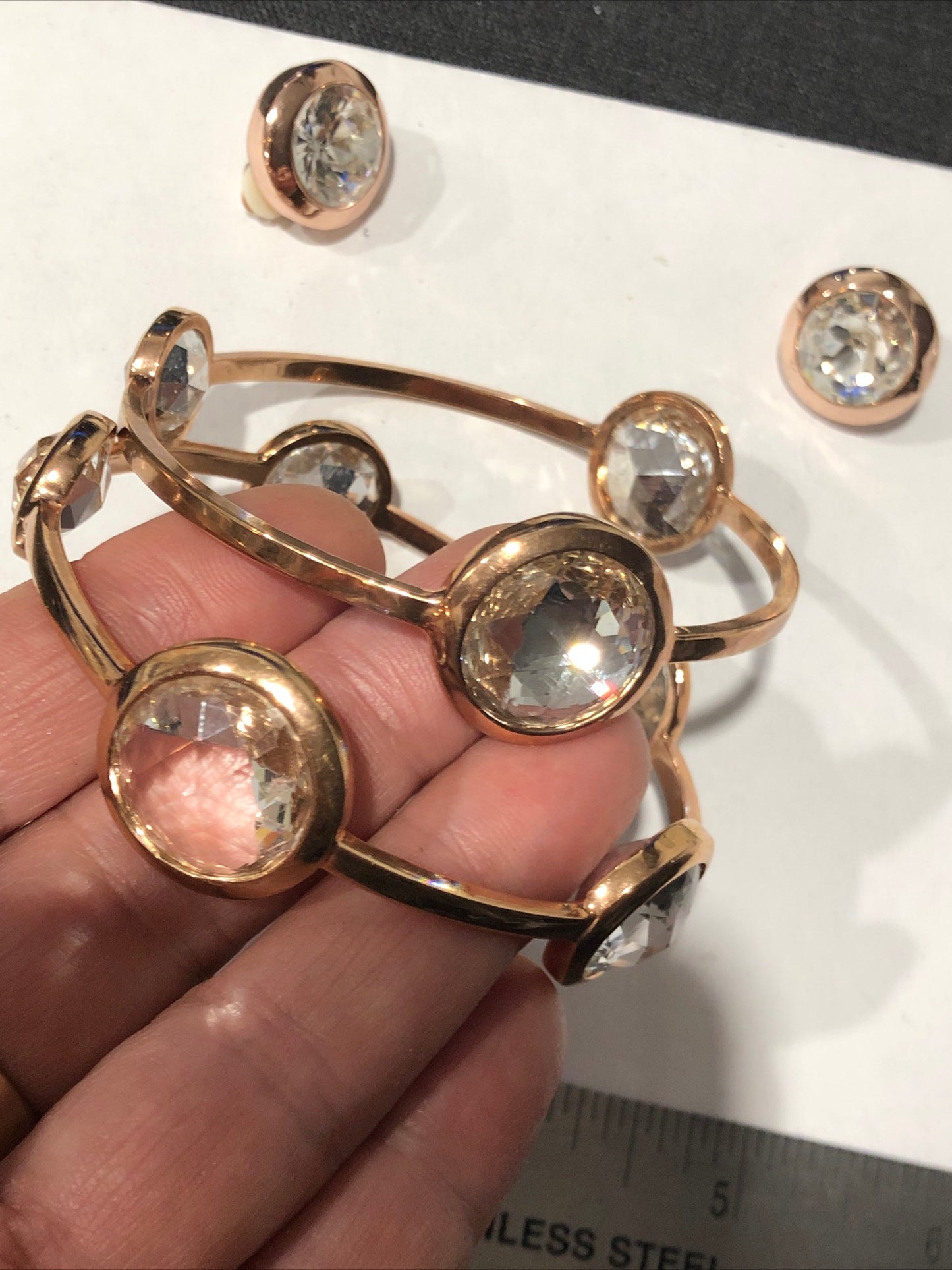 Henri Bendel rose gold bracelet set of 2 + clip earrings clear crystal rhinestone