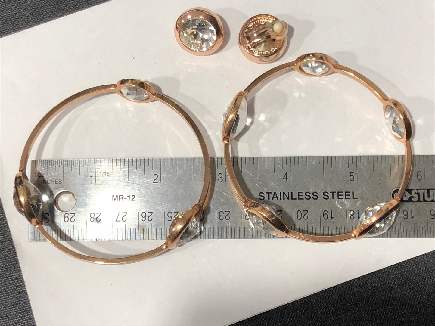 Henri Bendel rose gold bracelet set of 2 + clip earrings clear crystal rhinestone