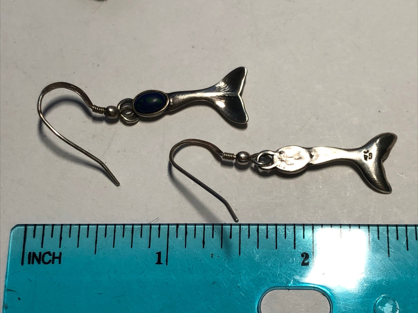 Vintage Sterling silver Fish dangle Earrings blue /green gemstone