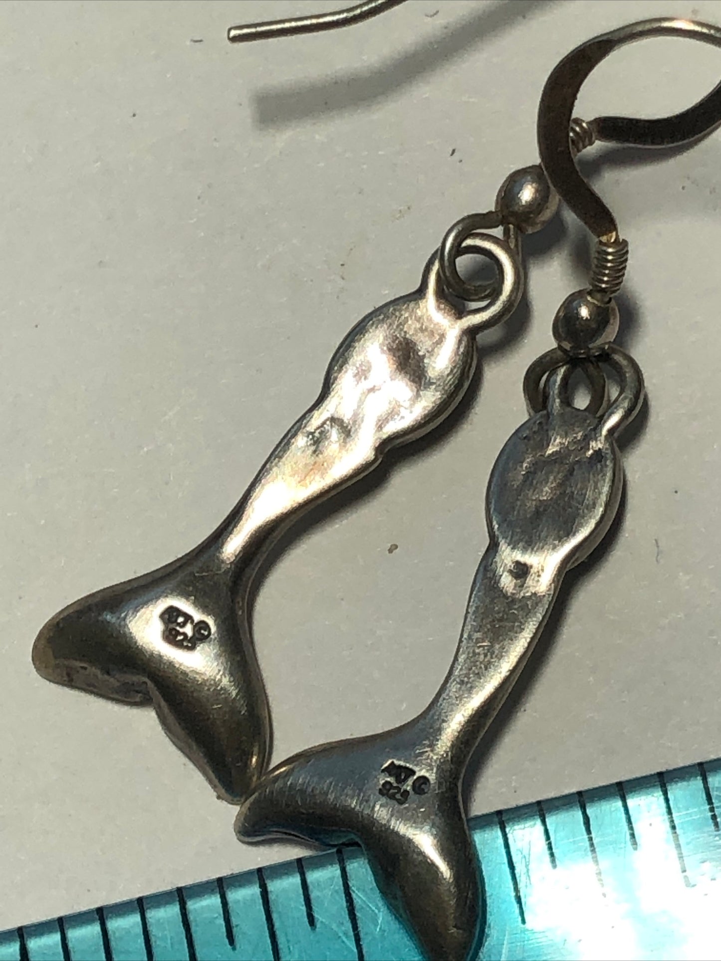 Vintage Sterling silver Fish dangle Earrings blue /green gemstone