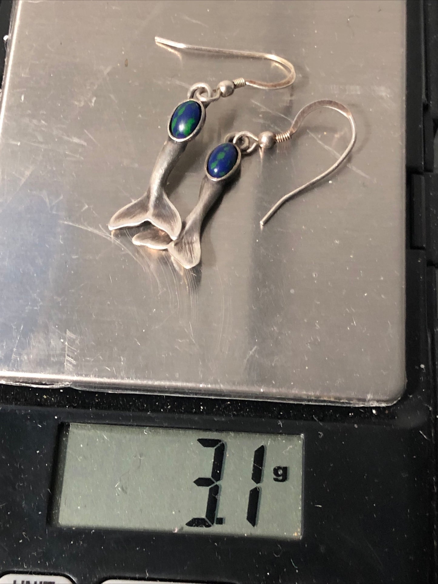 Vintage Sterling silver Fish dangle Earrings blue /green gemstone