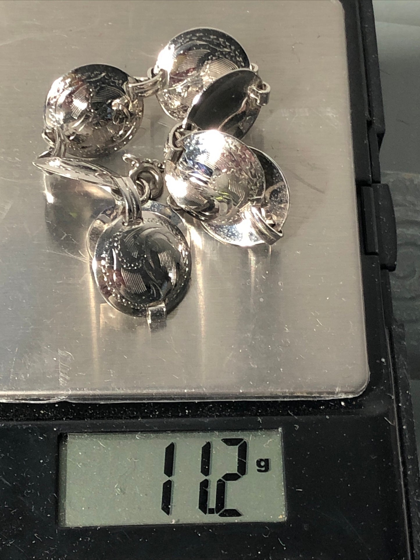Vintage Sterling silver coin link bracelet mark Bond Boyd floral engraved