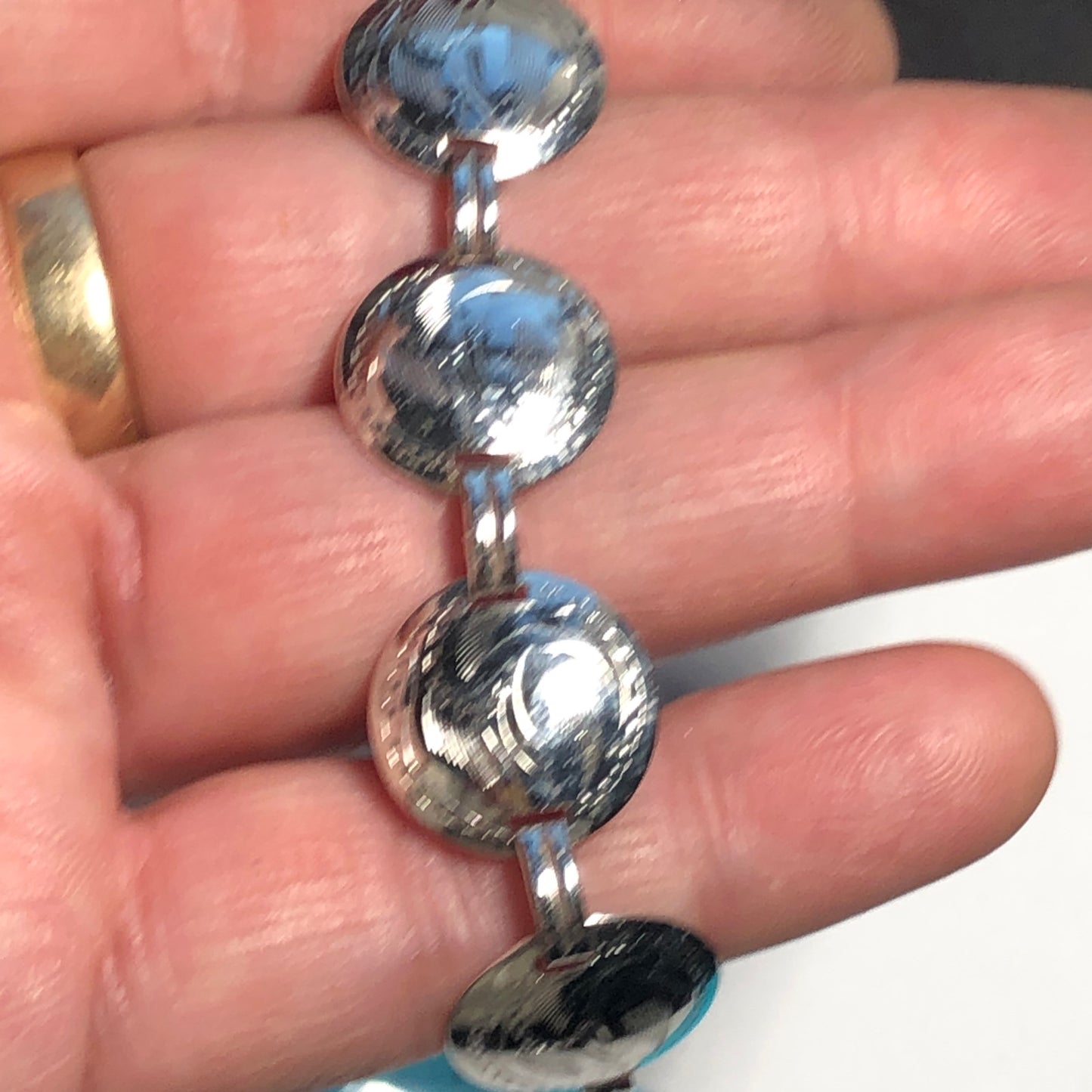 Vintage Sterling silver coin link bracelet mark Bond Boyd floral engraved