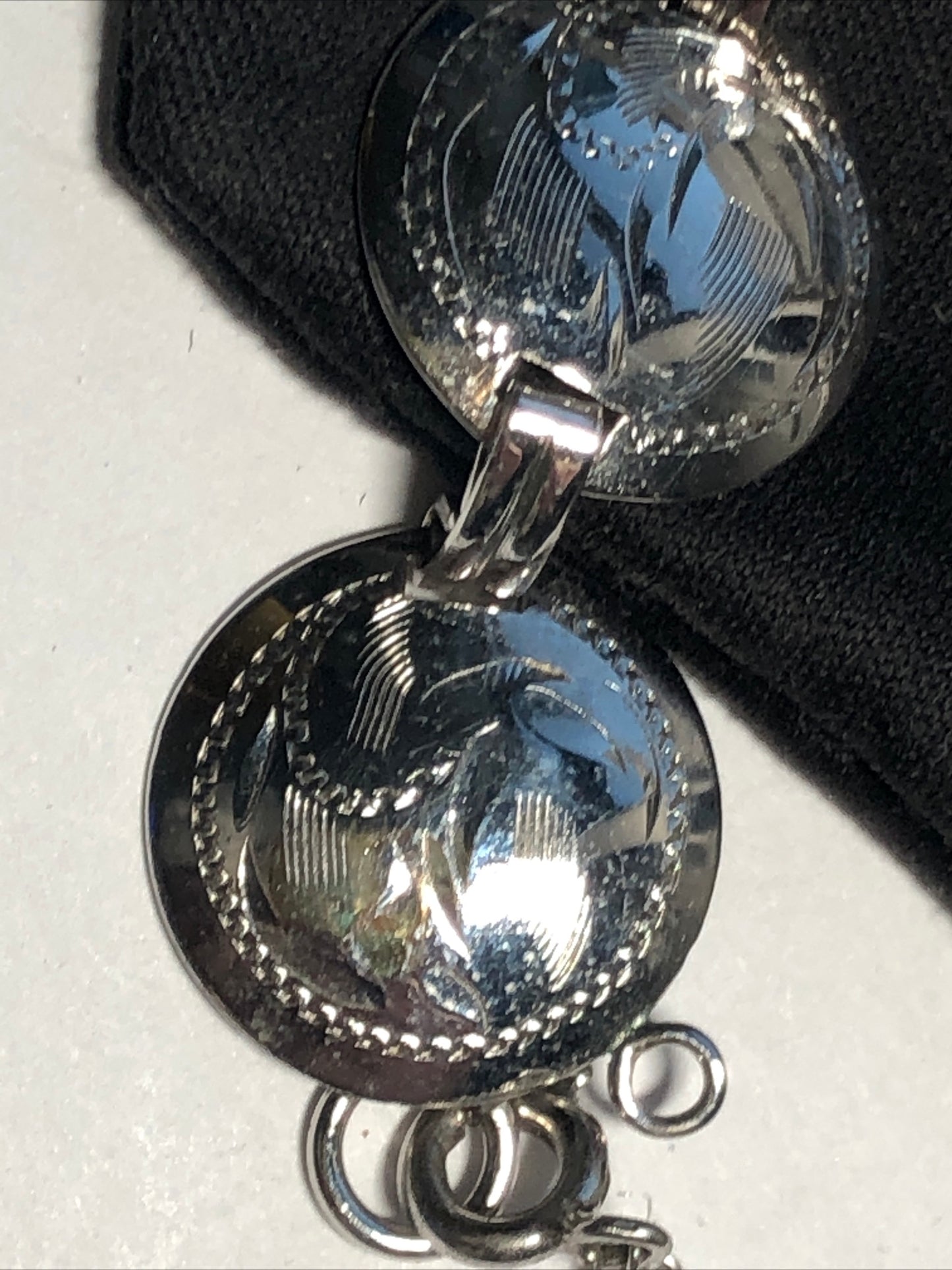 Vintage Sterling silver coin link bracelet mark Bond Boyd floral engraved