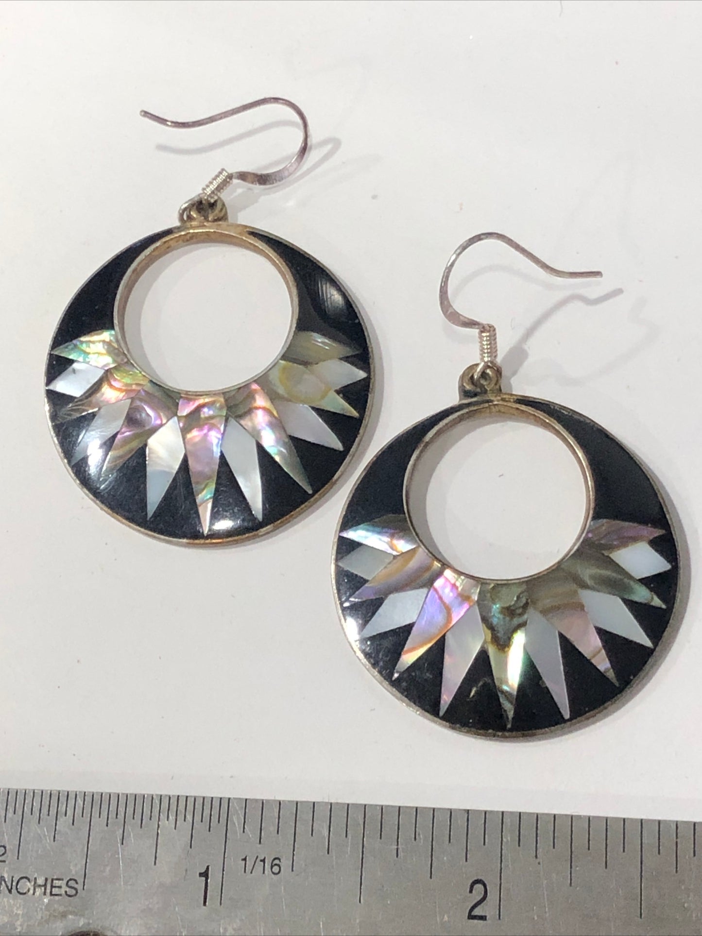 Vintage Abalone dangle Earrings unsigned Mexico silver