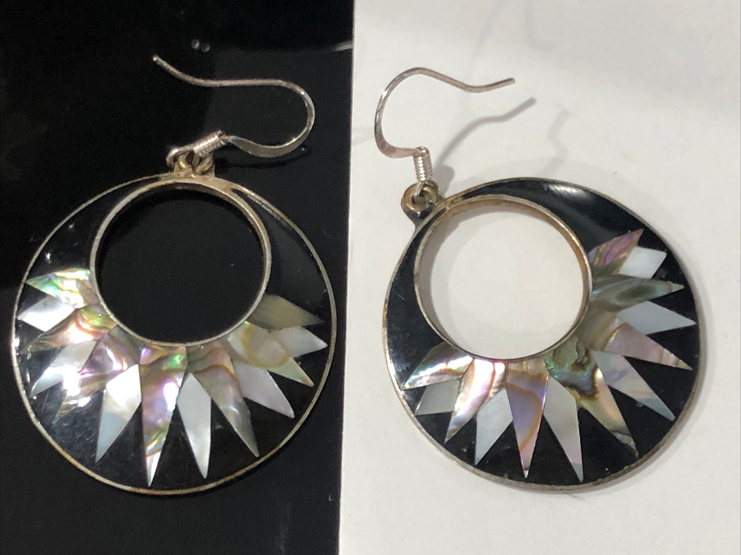 Vintage Abalone dangle Earrings unsigned Mexico silver