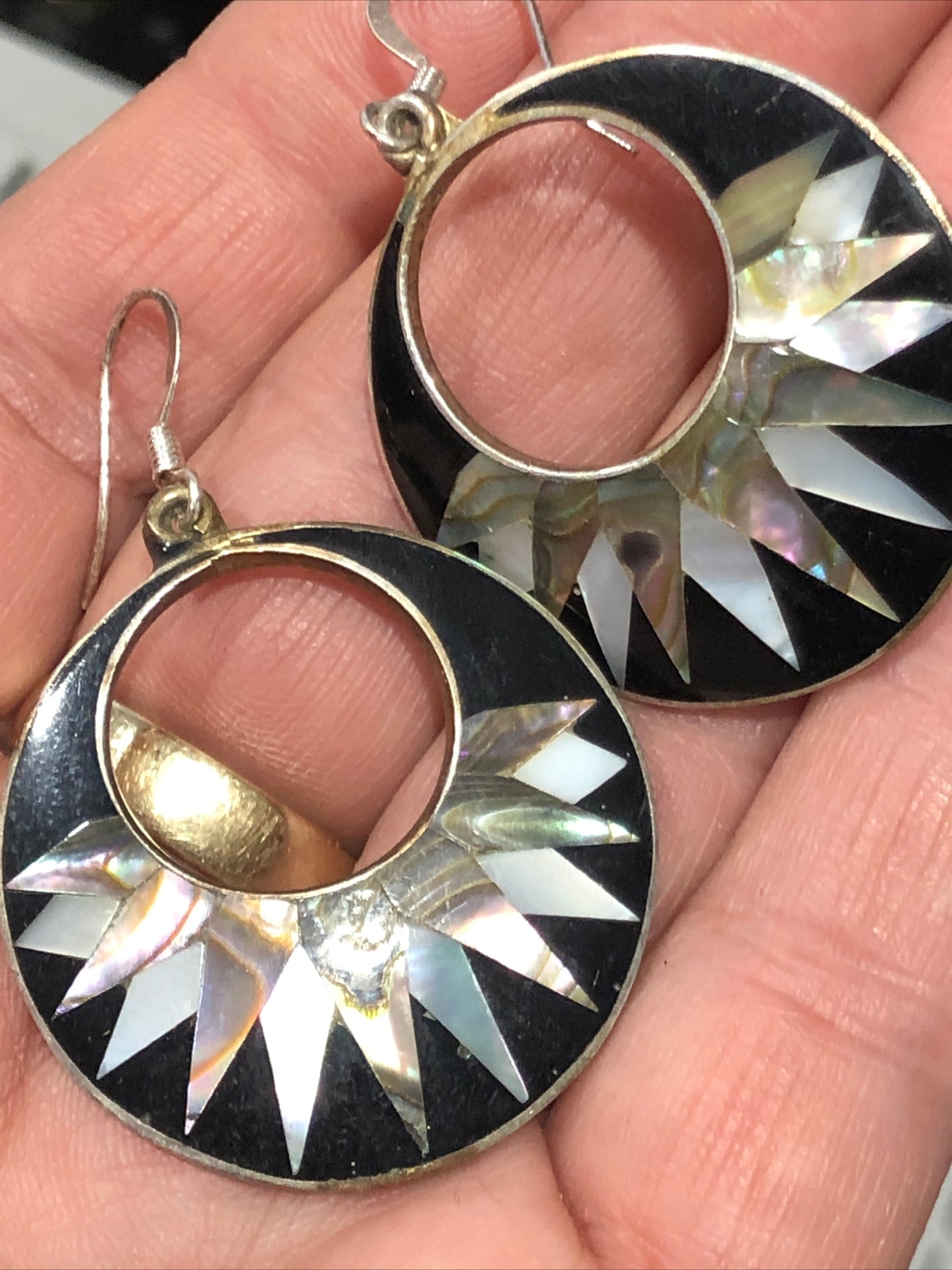 Vintage Abalone dangle Earrings unsigned Mexico silver