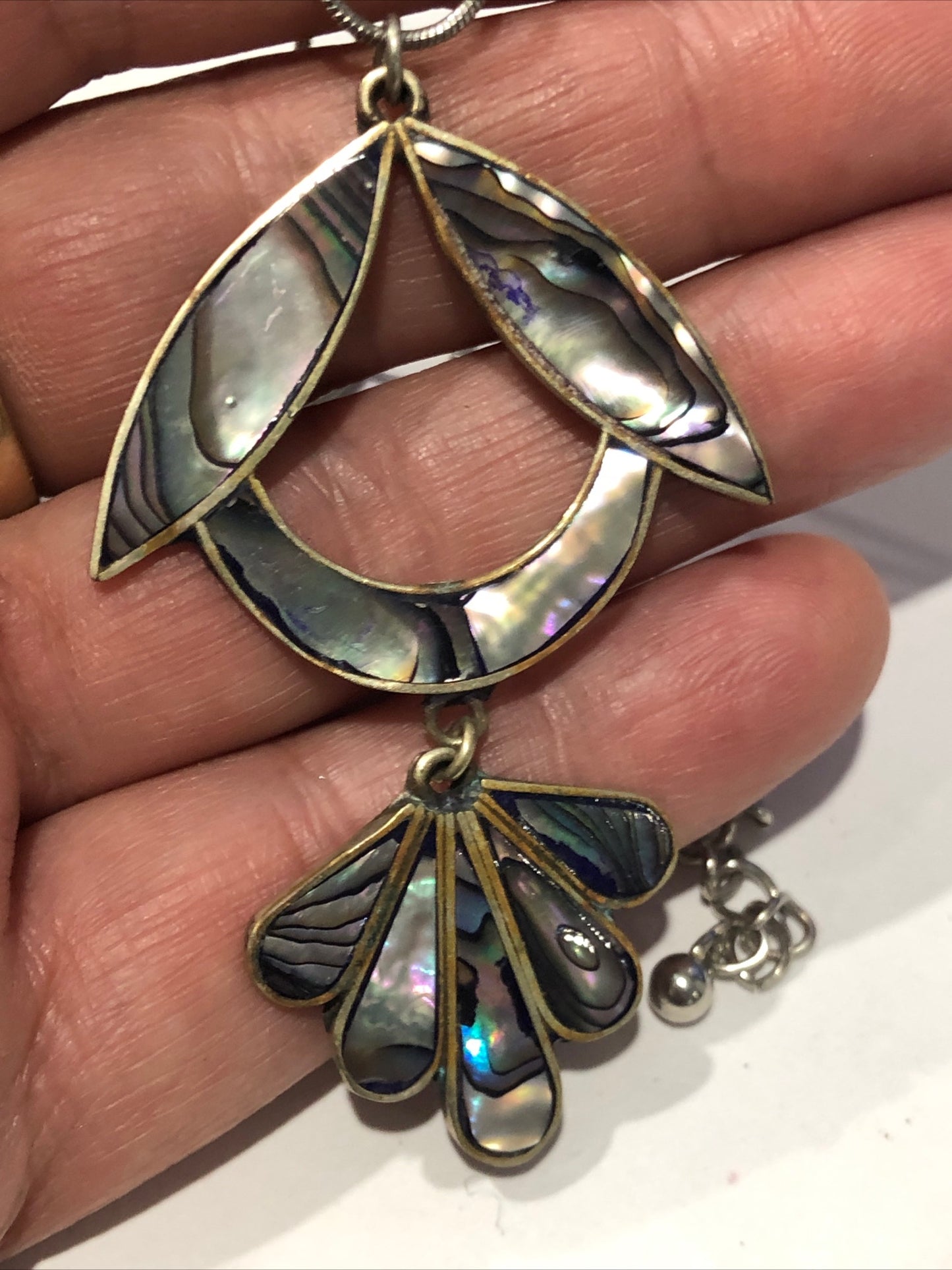 Vintage Alpaca Mexico silver Abalone floral pendant chain necklace