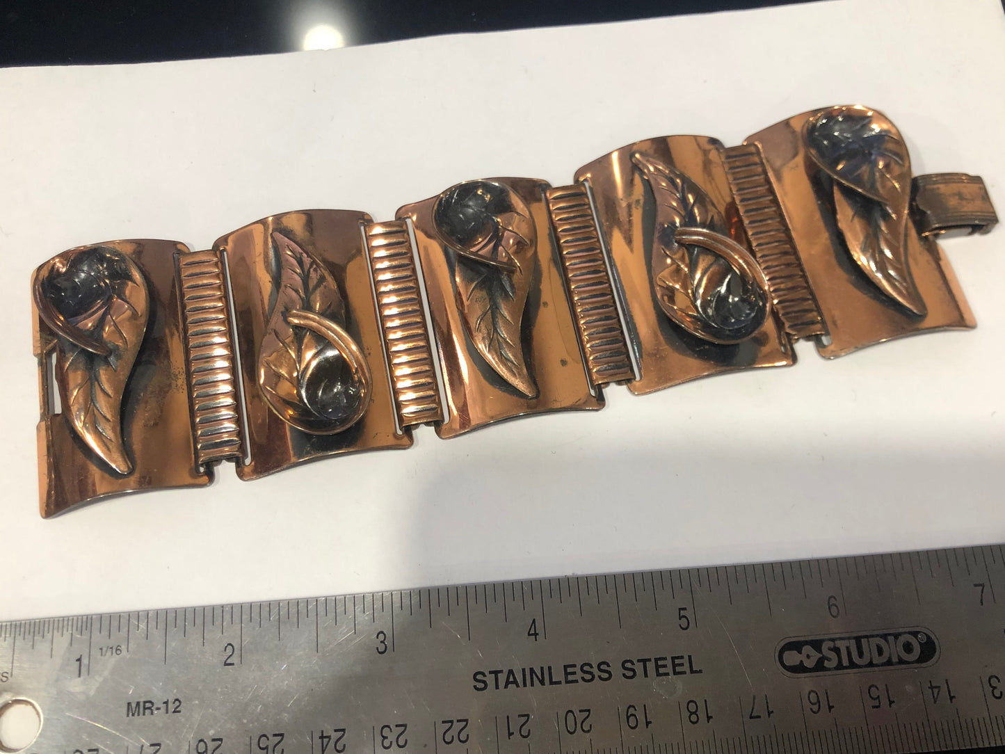 Vintage 2" COPPER wide link bracelet modernist leaf motive